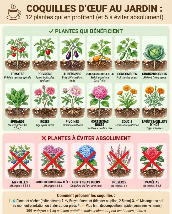 300 œufs par an = 1 kg de calcium gratuit. Mais seulement pour les bonnes plantes. Les coquilles dœuf broyées alcalinisent le sol  certaines espèces adorent, dautres meurent 讀

Coquilles = 95% carbonate de calcium, libération lente sur plusieurs mois vs. chaux vive = choc immédiat. Broyer finement, mélanger au sol.

12 plantes qui bénéficient :

Tomates, poivrons, aubergines : préviennent nécrose apicale taches noires base fruits = carence calcium
Courges, courgettes, concombres : pourriture des fruits réduite
Choux, brocolis, choux-fleurs : pH relevé freine hernie du chou Plasmodiophora brassicae
Épinards : préfèrent pH neutre à légèrement alcalin 6,5-7,5
Roses, pivoines : renforcement tiges, floraison améliorée
Hortensias roses/blancs : pH élevé = floraison rose inversement, pH bas = bleu
Soucis : croissance renforcée

5 plantes à ÉVITER ABSOLUMENT :

Myrtilles pH 4,5-5,5 requis
Rhododendrons/Azalées pH 4,5-6
Hortensias bleus pH bas = bleu, coquilles les font virer rose
Bruyères pH 4-6
Camélias pH 5-6,5

Préparation : rincer, sécher, broyer finement blender ou pilon. Plus fin = décomposition rapide semaines vs. mois entiers.

Darmowe kalsium, mais seulement pour les bonnes plantes.

#CoquillesOeufs #CalciumNaturel #PotagerÉconomique