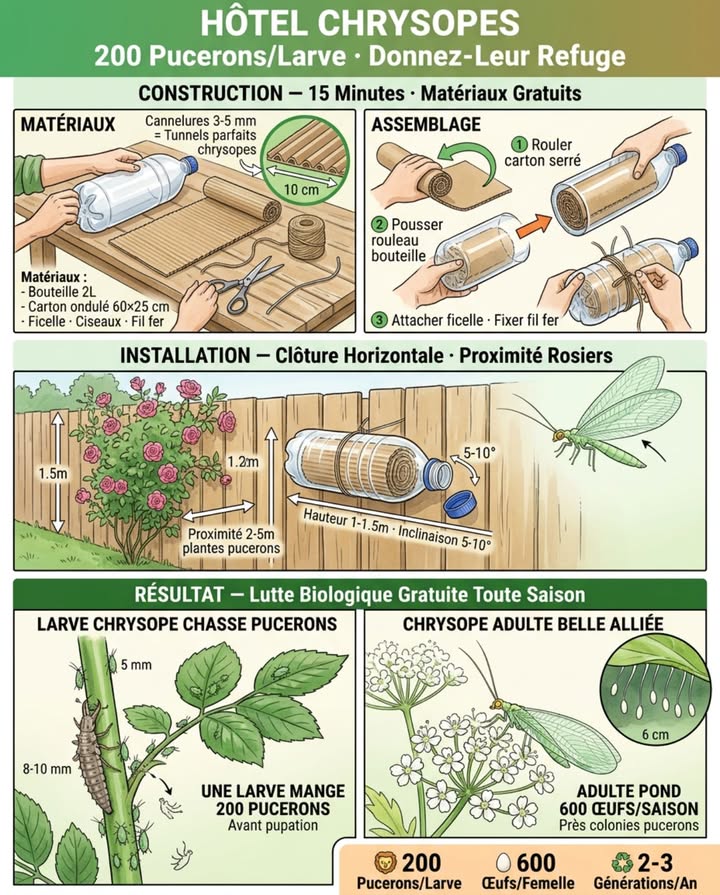 Hôtel chrysopes : 200 pucerons par larve  donnez-leur refuge. Une seule larve chrysope verte mange 200 pucerons avant développer ailes, nécessite endroit hiverner 女

Chrysopes vertes Chrysoperla carnea sont prédateur pucerons le plus efficace jardin français. Une seule larve  à peine 1 cm longueur surnommée “lion pucerons”  dévore jusquà 200 pucerons, acariens, aleurodes avant pupation. Adulte femelle pond 600 œufs par saison. Une famille chrysopes élimine plus ravageurs quun flacon pulvérisateur chimique.

Mais elles disparaissent chaque automne car nulle part hiberner. Nécessitent espace sec abrité rempli tiges creuses  presque aucun jardin fournit ça naturellement.

Construire hôtel chrysopes 15 minutes matériaux gratuits : prendre bouteille plastique 2L ou section court tuyau PVC diamètre 10-15 cm longueur 25-30 cm. Rouler carton ondulé serré, pousser intérieur bouteille  cannelures ondulations créent tunnels hibernation parfaits diamètre 3-5 mm. Attacher rouleau ficelle jardin empêche carton glisser dehors. Fixer horizontalement hauteur clôture 1-1.5m, incliner légèrement vers bas 5-10 pluie sécoule. Positionner proximité plantes sujettes pucerons  rosiers, fèves, arbres fruitiers, capucines.

Pourquoi carton ondulé fonctionne efficace : cannelures ondulations sont exactement bon diamètre corps chrysope adulte 3-5 mm largeur cannelure = taille parfaite insecte 8-10 mm. Carton isole contre gel hiver température intérieure reste 2-4C supérieure extérieur. Intérieur sec sombre imite sites hibernation naturels écorce desserrée, litière feuilles, tiges creuses ombellifères. Remplacer rouleau carton chaque automne octobre = abri frais propre exempt parasites/moisissures.

Construction détaillée étape par étape : bouteille plastique 2L vide propre, couper fond bouteille cutter ouverture 8 cm diamètre arrière = entrée chrysopes. Mesurer hauteur intérieure bouteille 25 cm typique, couper bande carton ondulé longueur 25 cm  largeur 60-80 cm cannelures orientées perpendiculaire longueur bande. Rouler carton serré partir bord, rouleau final diamètre 8-9 cm rentre juste bouteille. Pousser rouleau intérieur bouteille goulot vers avant côté vissage bouchon, carton affleure ouverture arrière. Attacher ficelle naturelle chanvre/jute 2-3 tours autour bouteille milieu maintient carton comprimé. Percer 2 trous opposés bouteille haut fil fer passage fixation. Fixer horizontalement clôture bois/grillage fil fer galvanisé, goulot légèrement vers haut 5-10 inclinaison évite eau stagne intérieur. Laisser bouchon dévissé = aération circulation air empêche condensation/moisissures.

Emplacement optimal hôtel chrysopes jardin : fixer 1-1.5m hauteur sud/sud-est orientation soleil matin réchauffe hôtel, ombre après-midi évite surchauffe. Proximité 2-5m plantes hôtes pucerons fréquents = rosiers, fèves, haricots, capucines, arbres fruitiers pommiers, cerisiers, sureau. Abri clôture/mur/haie empêche vents dominants froids hiver. Éviter emplacement plein nord ombre permanente trop froid humide ou plein sud exposition continue surchauffe été. Un hôtel bien placé peut accueillir 20-50 chrysopes adultes hibernation simultanée octobre-mars.

Cycle vie chrysopes jardins France comprendre efficacité : adultes chrysopes émergent avril-mai hôtels hibernation, saccouplent, pondent œufs 600/femelle saison sous feuilles plantes infestées pucerons. Œufs allongés blancs pédicelle fil soie évite cannibalisme larves éclosent. Larves éclosent 3-5 jours, 3 stades larvaires 2-3 semaines chacun, consomment 200 pucerons total développement stade 1 = 20 pucerons/jour, stade 2 = 50/jour, stade 3 = 80/jour. Larve chrysope gris-brun mandibules crochues puissantes, souvent couvre dos cadavres pucerons vidés camouflage prédateurs. Pupation cocon soie blanc 10-12 jours, adulte émerge ailes dentelles vertes translucides délicates, se nourrit nectar pollen pas prédateur adulte, 2-3 générations/an France avril-septembre, dernière génération adultes cherche sites hibernation septembre-octobre.

Deux cents pucerons par larve. Six cents œufs par adulte. Un rouleau carton bouteille transforme pire problème ravageurs solution gratuite auto-renouvelable.

Résultats mesurables hôtel chrysopes établi années 2-3 : population pucerons rosiers réduite 60-80% comparé avant installation régulation naturelle chrysopes  coccinelles  syrphes. Zéro traitements insecticides nécessaires même infestations printanières auxiliaires contrôlent avant explosion populations. Observation chrysopes adultes crépuscule mai-août volant jardin = indicateur colonisation réussie hôtel. Inspection hôtel février-mars révèle chrysopes adultes immobiles hibernation carton = preuve utilisation effective.

Construire plusieurs hôtels 3-5 unités jardin 200-500 m maximise colonisation : disperser emplacements différents potager, massif rosiers, verger, haie = couverture complète jardin. Chrysopes adultes volent rayon 50-100m recherche proies, donc hôtels espacés 20-30m suffisent. Variation orientations sud-est, sud, sud-ouest offre microclimats différents préférences individuelles chrysopes.

Autres auxiliaires utilisent aussi hôtels carton ondulé bonus biodiversité : coccinelles adultes Coccinella septempunctata, Harmonia axyridis hibernent cannelures carton octobre-mars. Syrphes Episyrphes, Sphaerophoria quelques espèces utilisent abris hiver. Araignées petites Philodromidae chassent résidentes hôtel année. Perce-oreilles Forficula auricularia prédateurs pucerons nocturnes fréquentent carton jour. Diversité auxiliaires hôtel = résilience contrôle ravageurs si chrysopes faibles année donnée, coccinelles/syrphes compensent.

Entretien annuel hôtel chrysopes minimal octobre : retirer ancien rouleau carton usagé humide/moisi/parasité, brûler/composter loin jardin élimine parasites accumulés. Installer rouleau carton neuf frais octobre avant arrivées chrysopes recherche hibernation. Vérifier fixation solide hôtel tempêtes hiver peuvent détacher. Nettoyer intérieur bouteille chiffon sec enlever toiles araignées/débris. Temps entretien total = 5-10 minutes/hôtel/an investissement ridicule vs bénéfices régulation pucerons saison complète.

Alternatives construction si pas bouteille plastique disponible : section bambou géant diamètre 8-10 cm longueur 25 cm, extrémités bouchées terre glaise, rempli carton ondulé = version 100% naturelle biodégradable. Boîte conserve métal diamètre 10 cm percée trous drainage fond, remplie carton, fixée horizontalement = version durable longévité 5-10 ans. Bûche bois dur chêne, hêtre diamètre 12-15 cm longueur 25 cm, percer 15-20 trous diamètre 8 mm profondeur 20 cm, fixer verticalement = hôtel abeilles solitaires  chrysopes polyvalent.

#HôtelChysopes #LutteBiologique #AuxiliairesJardin #BiodiversitéFonctionnelle