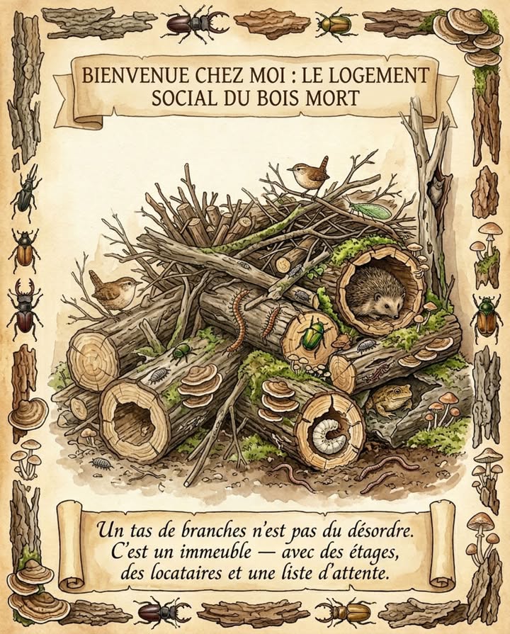 Les tas de branches au fond du jardin ne sont pas du désordre. Ce sont des immeubles  avec des étages, des locataires et une liste dattente.

Le réflexe du jardinier en hiver est de  nettoyer  : les branches tombées sont ramassées, les tailles dautomne sont mises en sac, les vieux troncs sont tronçonnés et tout part à la déchetterie ou au feu. Le jardin est  propre . Le sol est  dégagé . Et le lucane cerf-volant, la chouette chevêche, le hérisson, la musaraigne et les quarante espèces de coléoptères saproxyliques qui vivaient dans ce bois viennent de perdre leur logement  parce que quelquun a confondu  propre  et  vide .

CE QUE LE BOIS MORT HÉBERGE  ÉTAGE PAR ÉTAGE :

Le bois mort au sol bûches, branches épaisses, souches est le logement le plus demandé du jardin pour les invertébrés. Un mètre cube de bois en décomposition héberge entre 50 et 100 espèces dinsectes, darachnides et de myriapodes  des coléoptères saproxyliques qui passent leur vie larvaire dans le bois lucane cerf-volant, cétoine dorée, longicorne musqué, des forficules qui dorment dans les fissures, des cloportes qui recyclent la cellulose, des mille-pattes qui chassent les petites proies dans les galeries, des araignées qui tendent leurs toiles entre les branches.

Le lucane cerf-volant Lucanus cervus est le plus grand coléoptère de France  5 à 8 cm avec ses mandibules en forme de bois de cerf. Sa larve se développe EXCLUSIVEMENT dans le bois mort de feuillus en contact avec le sol  pendant cinq à six ans. Cest lun des cycles larvaires les plus longs de tous les insectes européens. Sans bois mort au sol, pas de lucane. Lespèce est en déclin dans toute lEurope  la cause principale est lélimination systématique du bois mort dans les jardins, les parcs et les forêts.

La cétoine dorée Cetonia aurata  le scarabée vert métallique qui vole de fleur en fleur en été. Sa larve se développe dans le bois mort en décomposition avancée et dans le compost  cest la grosse larve blanche en  C  que les jardiniers trouvent dans le composteur et écrasent en croyant que cest un ver blanc de hanneton. La larve de cétoine est un allié  elle transforme le bois et le compost en humus. La larve de hanneton est un ravageur  elle mange les racines vivantes. La différence : la larve de cétoine a de petites pattes et un gros abdomen, elle se déplace sur le dos. La larve de hanneton a de grandes pattes et un petit abdomen, elle se déplace sur le ventre. Les deux sont blanches en C  mais les tuer toutes les deux par erreur supprime lallié avec le ravageur.

Les champignons saprophytes colonisent le bois mort et le décomposent  tramètes, pleurotes, polypores, mycènes. Ce réseau fongique est visible sous forme de carpophores les  champignons  visibles mais lessentiel est invisible  des kilomètres de filaments de mycélium qui sétendent dans le sol autour du bois et connectent les racines des plantes vivantes au réseau mycorhizien. Un tas de bois mort est un point dancrage du réseau fongique du jardin  le retirer coupe une connexion.

Le bois mort dressé chandelier, tronc mort debout, branche morte sur un arbre vivant est lhabitat des oiseaux cavicoles  pic épeiche qui creuse sa loge, mésange bleue qui occupe les petites cavités, sittelle torchepot qui maçonne lentrée dune cavité de pic avec de la boue, chouette chevêche qui niche dans les grandes cavités de tronc, grimpereau des jardins qui niche derrière lécorce décollée. Un arbre mort debout de 4 mètres de hauteur et 25 cm de diamètre héberge davantage de vie quun arbre vivant du même diamètre  les cavités, les fissures et lécorce décollée créent des dizaines de micro-habitats que le bois vivant ne fournit pas.

Les chauves-souris. Les pipistrelles et les oreillards colonisent les fissures verticales sous lécorce décollée du bois mort dressé  les espaces de 15 à 20 mm entre le bois nu et lécorce flottante forment des dortoirs de jour en été et des gîtes de transit en automne. Un tronc mort dont lécorce se décolle par plaques est un immeuble à chauves-souris  invisible de lextérieur, occupé de lintérieur.

Le hérisson et la musaraigne. Les deux utilisent les tas de branches et de bûches comme abri  le hérisson pour lhibernation novembre à mars dans les cavités au cœur du tas, la musaraigne pour la chasse toute lannée dans les galeries entre les branches.

COMMENT CRÉER UN TAS DE BOIS MORT PRODUCTIF :

Emplacement : un coin ombragé ou semi-ombragé du jardin, en contact direct avec le sol pas sur une dalle, pas sur du gravier. Le contact sol-bois est essentiel  cest linterface humide où le lucane pond, où les champignons colonisent et où les vers de terre transitent entre le sol et le bois.

Structure : les grosses pièces bûches de 15 à 30 cm de diamètre, sections de tronc en bas, les branches moyennes au milieu, les brindilles et les feuilles mortes en haut. Cette structure crée un gradient de micro-habitats  sec et aéré en haut insectes volants, chrysopes hivernantes, humide et sombre en bas lucane, cétoine, crapaud, intermédiaire au milieu forficules, cloportes, araignées.

Taille minimale : 1  1  0,80 mètre  assez pour que le cœur du tas reste humide et à température stable même en été. Un tas plus petit se dessèche trop vite et perd ses locataires.

Diversité de bois : mélanger les essences chêne, frêne, pommier, noisetier et les stades de décomposition bois frais  bois de lannée précédente  bois déjà colonisé par les champignons. Chaque stade héberge des espèces différentes  le bois frais attire les insectes xylophages pionniers, le bois en décomposition avancée attire les espèces de fin de succession.

Recharge : ajouter les tailles annuelles du jardin verger, haie sur le dessus du tas chaque hiver  le tas se tasse et se décompose par le bas pendant que le haut est rechargé. Le cycle est continu  le tas ne grossit pas indéfiniment, il se transforme.

NE JAMAIS BRÛLER UN TAS DE BOIS SANS LE DÉMONTER :

Le brûlage de jardin est interdit dans la majorité des communes françaises circulaire du 18 novembre 2011 relative à linterdiction du brûlage à lair libre des déchets verts. Mais surtout  un tas de bois qui a passé un hiver au sol est un tas habité. Le hérisson en hibernation au cœur du tas ne se réveille pas à temps quand les flammes latteignent. Les larves de lucane dans les bûches du bas brûlent avec le bois. Les chrysopes hivernantes dans les brindilles du haut sont incinérées avec le petit bois dallumage. Si le tas doit être déplacé : le démonter pièce par pièce en vérifiant chaque cavité. Si un hérisson est trouvé : remettre les branches par-dessus et reporter le déplacement à avril quand lhibernation est terminée.

Le tas de branches au fond du jardin ressemble à de la négligence. Cest lhabitat le plus dense par mètre cube du jardin  plus despèces par mètre cube que dans la haie, dans la mare ou dans le potager. Et il ne coûte rien  il recycle les branches que le jardinier allait payer pour faire enlever.

#BoisMort #TasDeBranches #LucaneCerfVolant #HabitatNaturel #JardinSauvage