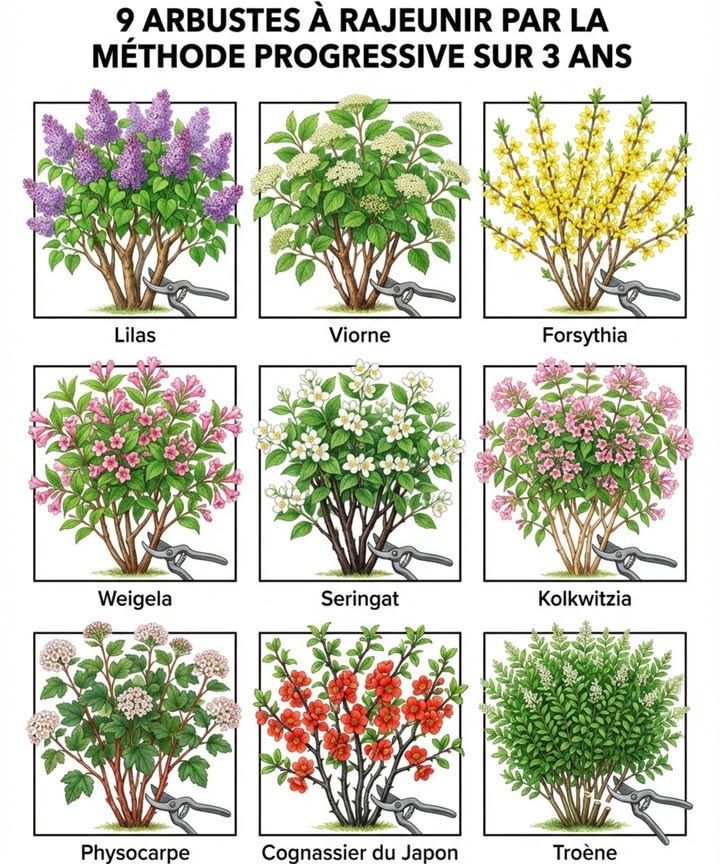 Arbustes à rajeunir par la méthode progressive sur 3 ans

Certains arbustes supportent mal la taille sévère mais nécessitent un rajeunissement progressif. La méthode la plus sûre consiste à supprimer un tiers des tiges les plus anciennes chaque fin dhiver.

Lilas – Couper un tiers des troncs les plus épais au ras du sol pour restaurer la floraison

Viorne – Éclaircir les tiges les plus anciennes annuellement tandis que la croissance jeune se développe

Forsythia – Retirer les cannes les plus épaisses à la base sur 3 hivers

Weigela – Le renouvellement graduel évite le choc et maintient une floraison vigoureuse

Seringat – Le retrait annuel du vieux bois maintient les fleurs sur la croissance fraîche

Kolkwitzia – Conserve une meilleure forme lorsque rénové lentement, pas dun coup

Physocarpe – Ouvre le centre et stimule de nouvelles tiges colorées depuis la base

Cognassier du Japon – Retirer les branches les plus anciennes graduellement pour conserver le bois productif

Haies de troène – Réduit la taille sans créer de zones nues ou de zones mortes

Cette méthode est douce mais efficace. À la troisième année, larbuste est entièrement renouvelé sans perdre sa forme ni sa floraison.