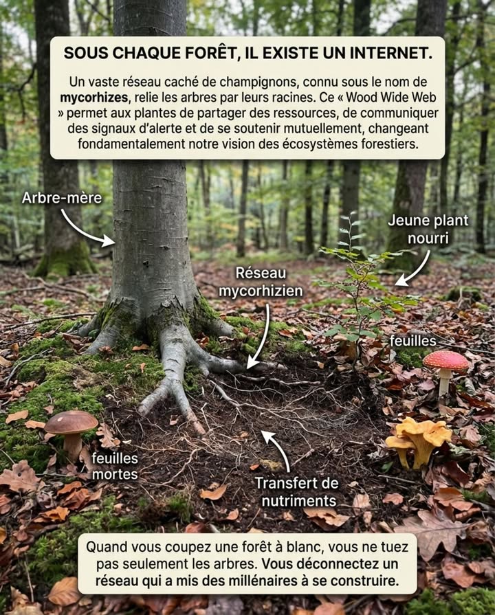 Sous chaque forêt, il existe un internet.

Un vaste réseau caché de champignons, connu sous le nom de mycorhizes, relie les arbres par leurs racines. Ce  Wood Wide Web  permet aux plantes de partager des ressources, de communiquer des signaux dalerte et de se soutenir mutuellement, changeant fondamentalement notre vision des écosystèmes forestiers.

 Les réseaux mycorhiziens relient les racines des arbres en un vaste réseau souterrain
 Les arbres partagent leau, les nutriments et le carbone à travers ces connexions
 Les arbres mourants transfèrent le carbone stocké dans le système pour que dautres lutilisent
 Les grands  arbres-mères  soutiennent les jeunes plants à proximité, en particulier leurs propres descendants
 Le réseau augmente la résilience de la forêt face à la sécheresse, aux maladies et au stress

Quand une forêt est coupée à blanc, ce ne sont pas seulement les arbres qui sont perdus. Un réseau vivant ancien est brisé  un réseau qui a mis des millénaires à se construire.