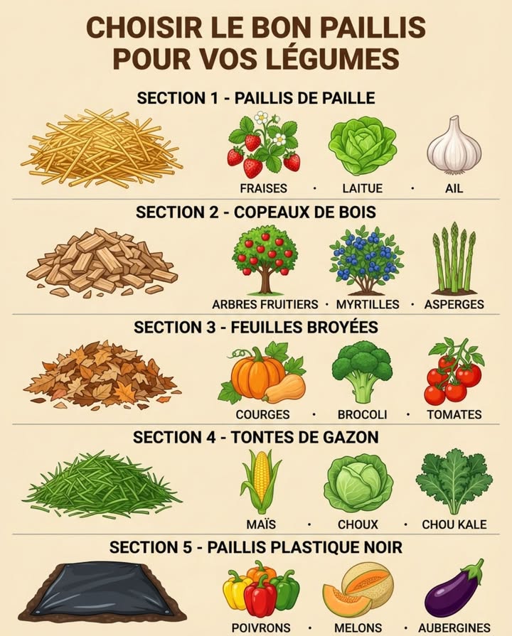 Cinq paillages selon trois critères : température sol, apport nutritif, vitesse décomposition.

Paille : refroidit sol -3C vs nu, idéal cultures fraîches fraises, laitues, ail. Zéro azote, décomposition lente.

Copeaux de bois : isolation thermique stable, perennes/arbres fruitiers. Immobilise azote court terme compensation nécessaire. Décomposition 2-3 ans.

Feuilles broyées : enrichissement rapide NPK, gourmands courges, tomates, brocolis. Décomposition 6-12 mois.

Tontes de gazon : apport azote fort mais couches minces