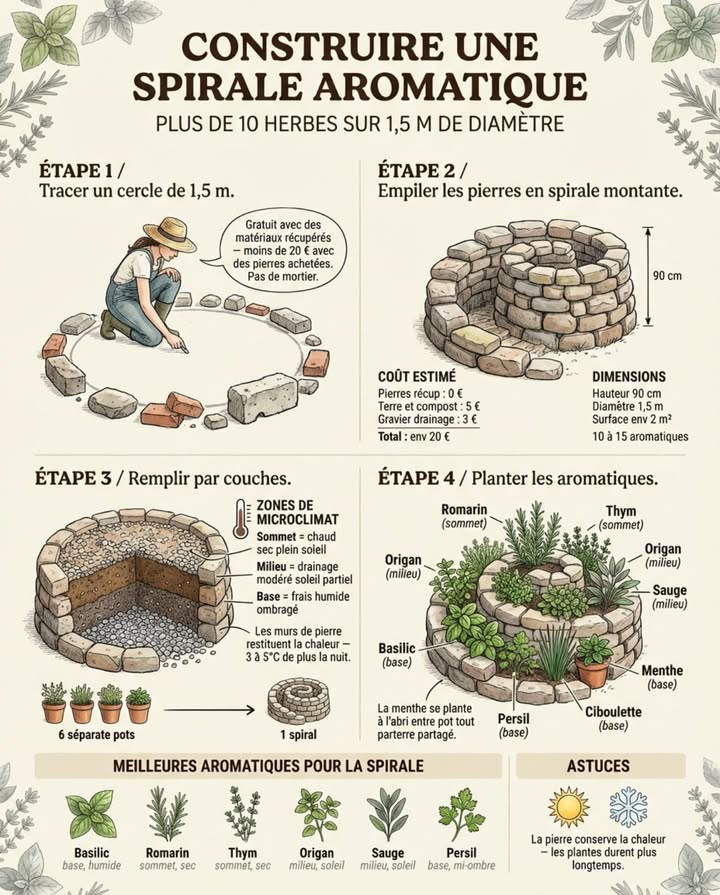 Moins de 2 m, 3 microclimats distincts, plus de 10 aromatiques. La spirale aromatique est laménagement le plus productif à léchelle du potager. 

Les 4 étapes de construction et le placement des plantes par zone sont sur limage.

Le détail qui change tout : les pierres stockent la chaleur du jour et la restituent la nuit  3 à 5 C de plus que le reste du jardin. La saison de récolte sallonge de plusieurs semaines.

Coût estimé : entre 0 et 20  avec des matériaux de récupération. 

#SpiraleAromatique #PotagerPermaculture #HerbesAromatiques #JardinMalin