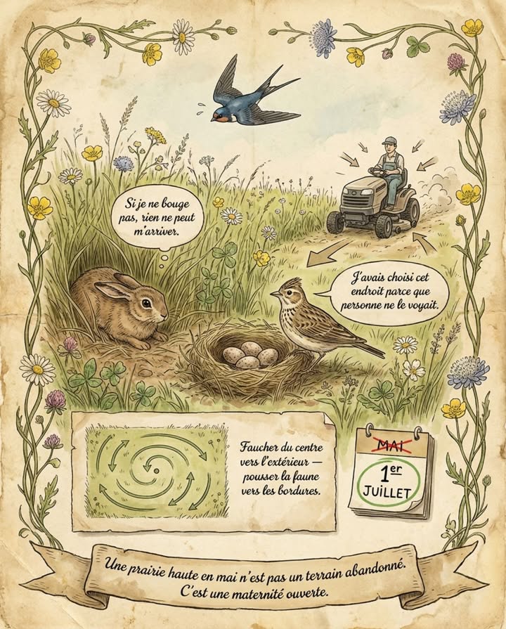 Quand on fauche une prairie en mai pour faire propre avant les beaux jours, on ne jardine pas.

Cette herbe haute que le voisin trouve négligée, une alouette des champs la choisie parce que ses tiges forment un toit invisible au-dessus du nid. Elle a gratté une cuvette dans la terre entre les graminées, la tapissée de brins dherbe sèche et pondu quatre œufs bruns tachetés directement au sol. Pas dans un arbre. Pas dans une haie. Au sol  à cinq centimètres sous le sommet des herbes, dans langle mort de tout ce qui survole.

Le passage de la faucheuse dure dix minutes. Le nid est broyé avec les œufs à lintérieur. Si les poussins étaient déjà nés, leur instinct est de saplatir et de ne pas bouger  exactement le comportement qui les sauve des rapaces et qui les condamne face à une lame rotative.

Lalouette des champs nest pas la seule. En mai, la prairie haute accueille une densité de reproduction invisible depuis lextérieur.

Le lièvre dEurope Lepus europaeus dépose ses levrauts directement dans lherbe  pas dans un terrier. Les petits sont répartis un par un dans des formes séparées à plusieurs mètres les uns des autres pour réduire le risque quun prédateur les trouve tous. Ils sont immobiles, inodores, aplatis contre le sol et pratiquement invisibles  même à un mètre de distance. La mère ne les visite quune seule fois par jour, au crépuscule, pour les allaiter pendant trois minutes. Le reste du temps, ils sont seuls dans lherbe. Le passage dune faucheuse sur une forme de levraut est silencieux  le levraut ne fuit pas, ne crie pas, ne bouge pas. La lame passe.

Le traquet motteux, la bergeronnette printanière, le pipit farlouse et le bruant proyer nichent au sol ou dans les premiers centimètres de la végétation basse  tous entre avril et juillet. La perdrix grise installe son nid dans la base des hautes herbes en bordure de champ dès fin avril  une ponte de 12 à 18 œufs qui représente linvestissement reproductif de lannée entière. Un seul passage de faucheuse au mauvais moment détruit 15 à 20 nids par hectare de prairie en mai  un chiffre documenté par les relevés LPO et le réseau ONCFS.

Les insectes pollinisateurs dépendent de la prairie haute exactement au même moment. Les bourdons  dont les colonies ne démarrent quen avril  construisent leur nid dans danciens trous de campagnol à la base des touffes dherbe. Les papillons  azurés, demi-deuils, myrtils  pondent leurs œufs sur les tiges de graminées et de trèfles entre mai et juin. Les chrysalides pendent sous les feuilles des orties et des scabieuses. Faucher en mai rase les fleurs avant la floraison, broie les chrysalides et détruit les nids de bourdons  les trois étages de reproduction en un seul passage.

La loi ninterdit pas la fauche de mai sur les terrains privés  contrairement à la taille des haies, il ny a pas darrêté national systématique pour les prairies de jardins. Mais la destruction despèces protégées reste interdite en toute circonstance article L411-1 du Code de lenvironnement. Si une faucheuse détruit un nid dalouette ou un levraut dans une prairie privée, linfraction existe juridiquement  même si elle est rarement poursuivie en pratique.

La solution est simple et ne coûte rien. Reporter la première fauche au 1er juillet  après lenvol des derniers poussins de nicheurs au sol et après la montée en graines des graminées et des fleurs sauvages. Les graines mûres tombent au sol lors de la fauche et régénèrent la prairie pour lannée suivante  faucher avant la maturité des graines appauvrit la prairie en plus de détruire la faune.

Si une fauche partielle est nécessaire en mai pour un chemin daccès ou une bordure de terrasse  faucher haut 10 cm minimum, pas ras, faucher lentement, et commencer par le centre de la parcelle vers lextérieur. Cette technique  centrifuge  pousse les animaux vers les bordures au lieu de les piéger vers le centre. Ne jamais faucher le matin tôt ni le soir  les animaux sont les plus immobiles et les plus vulnérables à ces heures.

Inspecter visuellement la prairie avant de faucher  marcher à travers la zone en traînant les pieds la veille au soir. Les adultes alouettes, lièvres décollent ou fuient devant le dérangement et leur point denvol signale la zone du nid. Marquer cette zone avec un piquet et un ruban et ne pas la faucher. Le nid sera vide en trois à quatre semaines  le piquet peut être retiré en juillet.

Une prairie haute en mai nest pas un terrain abandonné. Cest une maternité ouverte  et la faucheuse y entre comme un bulldozer dans une crèche.

#FaucheTardive #NidsAuSol #AlouetteDesChamps #LièvreDEurope #PrairieVivante