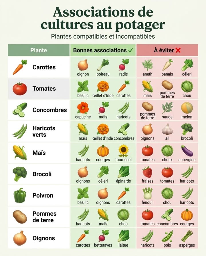 Les associations de cultures réduisent les ravageurs, enrichissent le sol et améliorent les rendements sans intrant supplémentaire. Le tableau fait la sélection. Ce que limage ne dit pas : certaines incompatibilités sont chimiques  loignon libère des composés qui freinent directement la germination du haricot. 

Les associations les plus efficaces :
Carottes  oignons/poireaux  les odeurs combinées déroutent la mouche de la carotte et la teigne du poireau.
Tomates  basilic  protège contre les aleurodes, améliore le microclimat olfactif.
Concombres  capucines  la capucine attire les pucerons loin du concombre.
Maïs  haricots  courges les “trois sœurs”  tuteur, fixation dazote, couverture du sol.
Brocoli  oignons  épinards  les oignons repoussent la piéride du chou.
Poivron  basilic  carottes  association aromatique protectrice. 

À éviter :
Tomates  pommes de terre  maladies communes mildiou Phytophthora.
Oignons  haricots/pois/asperges  fréinage de croissance documenté.
Concombres  courges/pommes de terre  compétition et sensibilité aux mêmes maladies.
Poivron  fenouil/chou  le fenouil est allélopathique, il freine la plupart des légumes à proximité.

#associationsDeCultures #compagnonage #potagerBio #jardinage 華