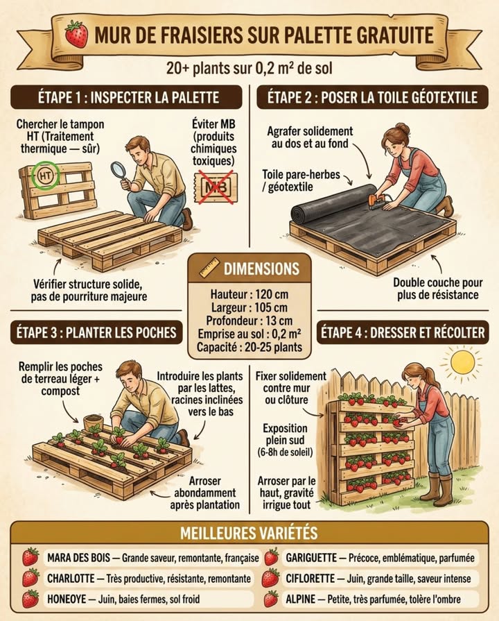 Une palette de bois récupérée, doublée de toile géotextile, produit 20 plants de fraisiers sur 0,2 m de sol. 

Les fraises ont des racines peu profondes  10 à 15 cm seulement. Cultivées verticalement, les fruits pendent librement sans contact avec le sol : moins de pourriture, zéro limace, zéro paillage. Chaque baie reste propre et visible à hauteur de main.

Le détail qui change tout : placer les variétés remontantes Mara des Bois, Charlotte en haut où le sol sèche vite, et les variétés de juin Gariguette, Honeoye en bas où lhumidité saccumule naturellement. Arroser par le haut suffit  la gravité fait le reste. 

Vérifier le marquage avant dutiliser une palette : HT traitement thermique = sûr pour les cultures alimentaires. MB bromure de méthyle = toxique, à rejeter sans exception.

Une palette installée contre un mur sud produit 2 à 5 kg par saison à partir de la deuxième année. Trois palettes le long dune clôture couvrent la récolte de mai à octobre.

#MurDeFraisiers #CultureVerticale #FraisiersPalette #PotagePetitEspace