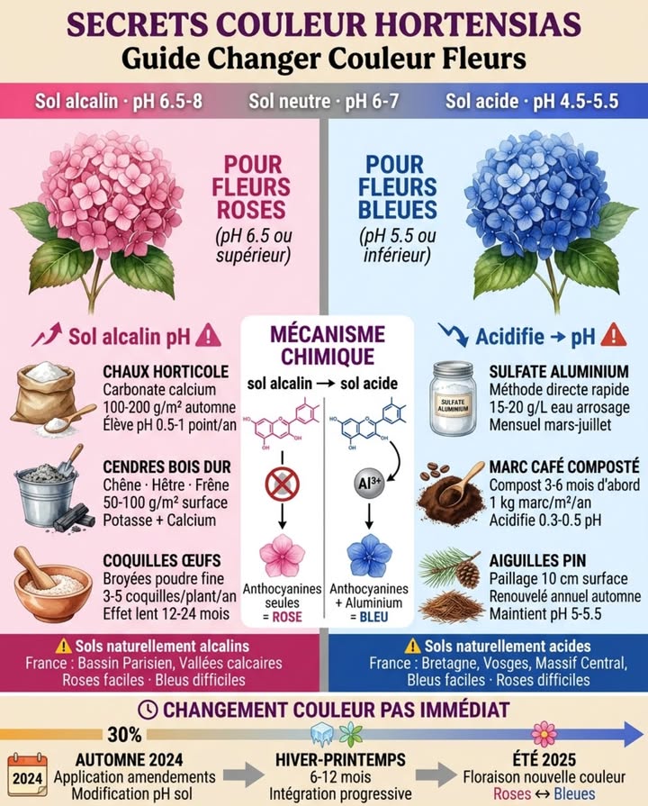 Secrets couleur hortensias : guide changer couleur fleurs. Couleur hortensia pas fixée  déterminée pH sol, vous pouvez changer ça 

Ce qui se passe exactement mécanisme chimique : sols acides aluminium sol devient disponible plante, produit pigment bleu anthocyanines  ions aluminium. Sols alcalins aluminium reste bloqué forme insoluble, fleur vire rose anthocyanines seules. Pas magie  chimie sol pure réaction aluminium-pigments.

Deux nuances importantes avant commencer modification : fonctionne uniquement Hydrangea macrophylla hortensias boule  dentelle plates. Variétés blanches changent pas couleur indépendamment pH sol pigments anthocyanines absents génétiquement. Hydrangea paniculata hortensias paniculées coniques et Hydrangea arborescens hortensias arbustives Annabelle changent pas non plus  restent blanches/crème quel que soit pH.

France nombreuses régions sol naturellement alcalin/neutre  particulièrement Bassin Parisien calcaire, vallées Loire/Rhône/Saône, Charentes, Bourgogne, Champagne pH naturel 7-8.5. Obtenir fleurs bleues nécessite intervention active constante acidification vs régions naturellement acides Bretagne/Vosges/Massif Central granitiques où bleu spontané facile.

Pour fleurs roses pH 6.5 ou supérieur sol alcalin/neutre :

Chaux horticole carbonate calcium incorporée substrat plantation ou amendement annuel automne : dose 100-200 g/m sol acide existant élève pH progressivement 0.5-1 point année. Mélanger 15 cm profondeur autour plant évite contact direct racines brûlure. Application octobre-novembre permet dissolution hiver intégration pH printemps floraison. Chaux dolomitique carbonate calcium  magnésium préférable car apporte magnésium bénéfique feuillage vert vif. Vérifier pH sol test kit jardinerie 2/an mars  septembre ajuster doses.

Cendres bois dur chêne, hêtre, frêne mélangées terre plantation ou paillage surface : cendres riches potasse K 10%  calcium Ca 30% élèvent pH rapidement. Dose 50-100 g/m épandues surface printemps/automne incorporées griffage léger. Cendres bois résineux moins efficaces calcium inférieur. Jamais cendres bois traité/peint/verni métaux lourds toxiques. Stocker cendres sèches hermétique perdent efficacité humidité.

Coquilles œufs broyées poudre fine effet lent cumulatif 12-24 mois : coquilles = carbonate calcium pur 95% identique chaux horticole mais libération ultra-lente. Broyer poudre moulin café mixeur accélère dissolution vs morceaux grossiers. Incorporer 3-5 coquilles broyées poudre base plant annuel printemps. Effet progressif 2-3 ans accumulation calcium sol.

Pour fleurs bleues pH 5.5 ou inférieur sol acide :

Sulfate daluminium méthode la plus directe rapide efficace : poudre blanche soluble eau apporte aluminium directement assimilable  acidifie sol simultanément double action. Dose 15-20 g/L eau arrosage mensuel mars-juillet période croissance floraison active. Dissoudre complètement eau froide arroser pied plant sol humide jamais sec risque brûlure racines. Résultat visible 3-6 mois première application, bleu intense stable pH maintenu 5-5.5. Surdosage toxique aluminium >30 g/L brûle racines feuillage jaunissement  respecter doses strictement.

Marc café frais incorporé régulièrement substrat printemps-automne : marc café acidifie légèrement pH descend 0.3-0.5 point application régulière, texture améliore drainage sols lourds. Dose 2-3 tasses marc compost 3-6 mois mélangé matière brune feuilles mortes carton puis incorporé base plant. Marc frais direct terre déconseillé phytotoxique composés caféine, texture compacte. Marc composté = acidification douce progressive  matière organique. Application 1 kg marc composté/m annuel printemps maintient acidité légère.

Aiguilles pin Pinus décomposées mélangées terre ou paillage surface 10 cm : aiguilles pin fraîches pH 3.5 acidifient sol décomposition lente libération acides organiques. Ramasser aiguilles tombées naturellement forêts pins autorisé quantités raisonnables usage personnel. Composter aiguilles 6-12 mois avant incorporation accélère décomposition acidification. Paillage aiguilles fraîches 10 cm épaisseur renouvelé annuel automne maintient pH 5-5.5 stable années. Préférer pins sylvestre/maritime/noir aiguilles plus fines décomposition rapide vs pins parasol/Alep aiguilles épaisses lentes.

Terre bruyère pure ou mélange 50% terre jardin  50% terre bruyère plantation initiale hortensias bleus : terre bruyère commerciale pH 4-5 garantit démarrage acide optimal. Creuser trou 606050 cm, remplir mélange terre bruyère, planter hortensia, pailler aiguilles pin. Renouveler couche surface terre bruyère 5 cm annuel printemps compense lessivage alcalinisation progressive.

Changement couleur pas immédiat  peut prendre saison complète 6-12 mois manifester floraison suivante. Hortensias forment boutons floraux été année N pour floraison année N1 donc modification pH automne 2024 = floraison nouvelle couleur été 2025. Transition progressive roses  mauves  bleus ou inversement selon amendements appliqués.

Maintien couleur stable années nécessite suivi pH régulier : tester pH sol 2/an mars avant croissance  septembre avant repos bandelettes pH ou testeur électronique jardinerie. Objectif roses = maintenir pH 6.5-7, objectif bleus = maintenir pH 5-5.5. Ajuster amendements selon résultats tests pH monte = ajouter acidifiants, pH descend = ajouter alcalinisants.

Eau arrosage influence pH long terme critique régions calcaires : eau robinet calcaire dure >15TH France Bassin Parisien/vallées calcaires élève progressivement pH sol hortensias même amendements acides appliqués. Solution hortensias bleus régions eau dure = arroser eau pluie récupérée pH naturel 6 ou eau robinet décalcarisée. Alternative acidification ponctuelle eau arrosage : 1 cuillère soupe vinaigre blanc/10L eau 1/mois abaisse pH eau temporairement pas solution permanente mais aide transitoire.

Fertilisation hortensias adaptée couleur souhaitée : engrais hortensias bleus commerciaux contiennent sulfate aluminium  NPK équilibré spécifique. Engrais hortensias roses formulation sans aluminium NPK classique. Dose engrais liquide hortensias : 1 bouchon doseur/5L eau arrosage tous 15 jours avril-juillet période croissance active. Excès azote N stimule feuillage vert vigoureux mais réduit floraison  préférer engrais équilibré NPK 10-10-10 ou riche phosphore/potasse floraison NPK 5-10-10.

Variétés Hydrangea macrophylla réactives changement couleur recommandées France : Nikko Blue vire bleu intense pH acide, rose vif pH alcalin la plus réactive. Endless Summer remontante floraison juin-octobre, vire facilement. Mariesii type dentelle plates, transition douce roses-bleus. Bodensee bleu profond stabilité pH 5. Variétés blanches Annabelle H. arborescens, Limelight H. paniculata restent blanches/crème quel que soit pH pas anthocyanines.

Cas particuliers sols naturellement acides Bretagne/Vosges/Massif Central granitiques/schisteux : hortensias spontanément bleus sans intervention pH naturel 4.5-5.5. Obtenir roses nécessite chaulage intensif répété 200-300 g chaux/m annuel lutte permanente acidité naturelle sol lessivage pluies acides. Moins stable long terme que bleus sols acides.

#HortensiasCouleur #PHSol #HortensiasBleues #HortensiasRoses