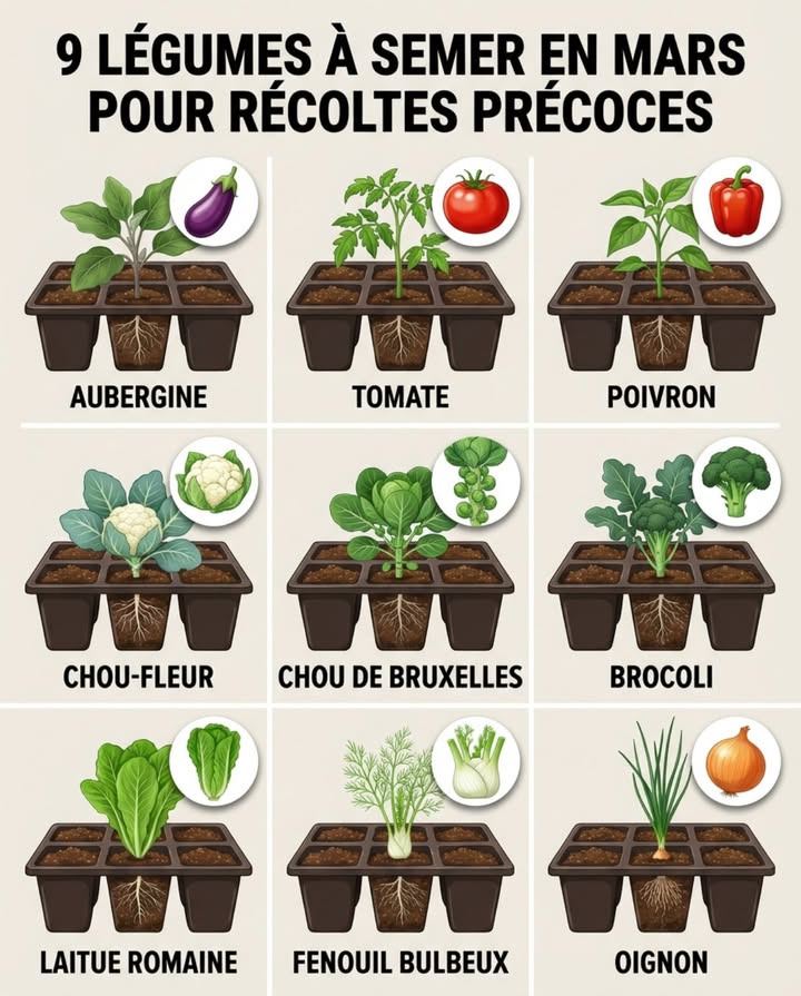 9 légumes à semer en mars pour récoltes précoces

Mars en intérieur permet de gagner 6 à 8 semaines sur les cultures longues et détablir des plants robustes avant les Saints de Glace. Ces légumes demandent un démarrage précoce pour développer leurs systèmes racinaires complexes ou atteindre maturité avant les chaleurs dété.

Aubergine – Commencer en intérieur 8 à 10 semaines avant repiquage, germination lente nécessitant chaleur élevée 24-27C et lumière intense pour plants trapus

Tomate – Commencer en intérieur 6 à 8 semaines avant plantation extérieure, germination rapide mais croissance nécessitant tuteurage précoce et lumière forte continue

Poivron – Commencer en intérieur 8 à 10 semaines avant la fin des gelées, germination lente demandant chaleur constante 21-24C et protection contre excès dhumidité

Chou-fleur – Commencer en intérieur 4 à 6 semaines avant repiquage, croissance régulière nécessitant fraîcheur relative et transplantation délicate sans casse racinaire

Chou de Bruxelles – Commencer en intérieur 4 à 6 semaines avant plantation printanière, variété résistante au froid demandant démarrage tôt pour récolte automnale

Brocoli – Commencer en intérieur 5 à 7 semaines avant repiquage, croissance vigoureuse nécessitant fraîcheur et lumière adéquate pour éviter létiolement

Laitue romaine – Commencer en intérieur 4 à 5 semaines avant plantation extérieure, germination rapide en sol frais 15-18C permettant récolte hâtive en mai

Fenouil bulbeux – Commencer en intérieur 4 à 6 semaines avant repiquage, racine pivotante sensible nécessitant godets profonds et transplantation soigneuse sans stress

Oignon – Commencer en intérieur 8 à 10 semaines avant plantation printanière, variétés à bulbe demandant démarrage précoce pour calibre optimal et conservation longue