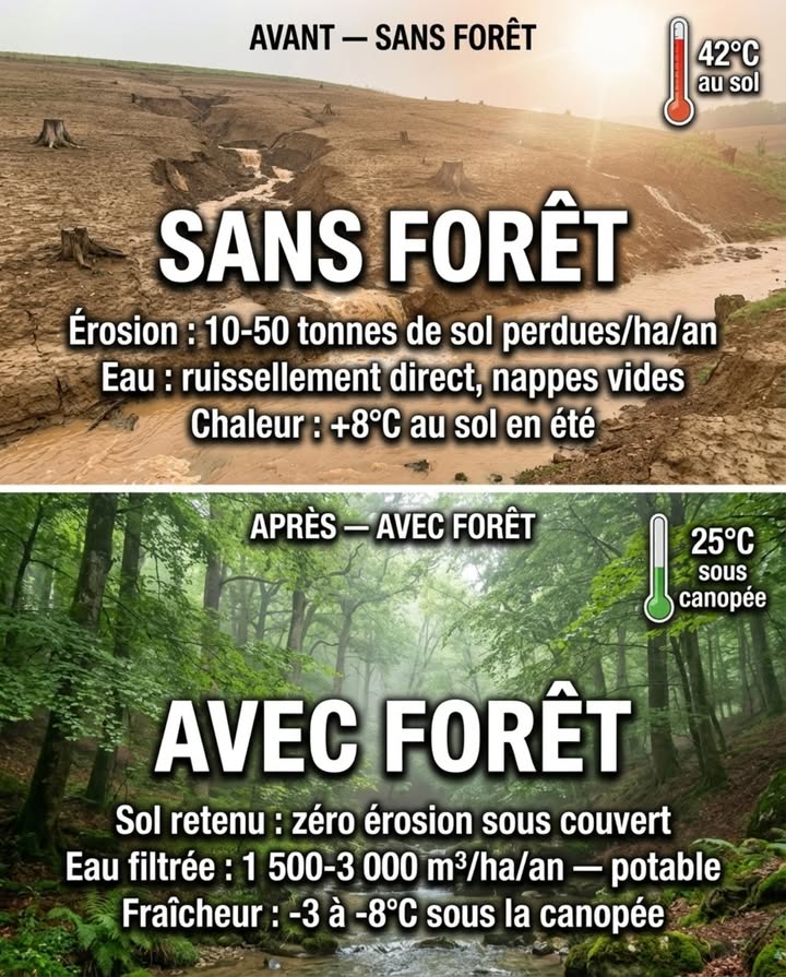 La forêt ne pousse pas pour faire joli. Elle filtre leau que vous buvez, retient le sol sous vos pieds et refroidit lair que vous respirez. Chaque service est mesurable, chiffré et publié  par lONF, lINRAE et le CGDD. Si les arbres disparaissaient demain, la facture pour les remplacer artificiellement se compterait en milliards.

AVANT  AVEC LA FORÊT :

Un hectare de forêt française filtre entre 1 500 et 3 000 m deau par an. Les racines, la litière de feuilles et le sol forestier fonctionnent comme un filtre à trois étages  les particules sont retenues mécaniquement, les polluants sont dégradés par les micro-organismes et leau qui atteint la nappe est potable sans traitement lourd. Les captages deau potable situés en zone forestière coûtent jusquà cinq fois moins cher à traiter que ceux situés en zone agricole ou urbaine.

Un hectare de forêt tempérée absorbe entre 5 et 10 tonnes de CO2 par an  léquivalent des émissions annuelles de 3 à 6 voitures. Sur une rotation de 80 ans, un hectare de chênaie stocke entre 150 et 250 tonnes de carbone dans sa biomasse et son sol. Ce carbone reste piégé tant que la forêt est debout. Labattre et brûler le bois libère en quelques heures ce que larbre a capté en décennies.

Un hectare de forêt transpire entre 2 000 et 5 000 m deau par an  cette évapotranspiration refroidit lair ambiant de 3 à 8C par rapport à une surface minérale adjacente. Une ville entourée de forêt a des pics de chaleur estivaux mesurablment inférieurs à une ville entourée de terres nues. La forêt est le seul système de climatisation qui fonctionne à léchelle dun territoire sans énergie.

Un hectare de forêt retient entre 10 et 50 tonnes de sol par an qui auraient été emportées par lérosion hydrique sans le couvert racinaire. Sur les terrains en pente, la forêt est la seule infrastructure anti-érosion qui se renforce chaque année au lieu de se dégrader.

APRÈS  SANS LA FORÊT :

Leau de pluie ruisselle en surface au lieu de sinfiltrer. La nappe nest plus rechargée. Les sources tarissent. Les crues de rivière sont plus violentes et plus rapides  leau qui mettait trois semaines à descendre dun bassin versant boisé met trois jours sans arbres. Les stations de potabilisation doivent ajouter des étapes de traitement  filtration membranaire, charbon actif, ozonation  pour compenser la filtration naturelle perdue. Le surcoût est répercuté sur la facture deau.

Le carbone stocké dans le sol et la biomasse est libéré. Un hectare déboisé relargue entre 100 et 250 tonnes de CO2 en quelques années  le sol forestier exposé au soleil et à la pluie perd sa matière organique par oxydation accélérée. Le sol qui stockait du carbone depuis des siècles devient émetteur net.

La température locale monte. Les surfaces déboisées en été dépassent 40C au sol quand la forêt adjacente reste à 25C sous la canopée. Les îlots de chaleur péri-urbains créés par le déboisement amplifient les canicules et augmentent la mortalité estivale.

Lérosion emporte la couche fertile. Sans racines pour retenir le sol, chaque pluie intense arrache des tonnes de terre qui colmatent les rivières, envasent les barrages et détruisent les frayères de poissons en aval.

LE COÛT DU REMPLACEMENT :

Le CGDD Commissariat Général au Développement Durable a estimé la valeur des services écosystémiques de la forêt française à plusieurs centaines deuros par hectare et par an  en incluant la filtration de leau, le stockage du carbone, la protection contre lérosion, la régulation climatique et la biodiversité. La forêt française couvre 17 millions dhectares. Multiplier la valeur par la surface donne un chiffre qui dépasse le budget de plusieurs ministères.

Construire une station de filtration deau pour remplacer la filtration dun hectare de forêt coûte entre 50 000 et 200 000 euros dinvestissement plus 5 000 à 20 000 euros par an de fonctionnement. Capter et stocker artificiellement les 5 à 10 tonnes de CO2 quun hectare de forêt absorbe gratuitement coûte entre 200 et 600 euros par an en technologie de capture carbone  quand elle existe et fonctionne. Climatiser artificiellement une ville pour compenser les 3 à 8C de refroidissement forestier est un calcul que personne nose faire  la facture énergétique serait astronomique.

La forêt nest pas un poumon poétique. Cest une usine de traitement deau, une station de capture carbone, un système de climatisation et un mur anti-érosion  qui fonctionne en silence, sans budget, sans maintenance et sans facture depuis des millénaires.

Couper un arbre prend vingt minutes. Le remplacer prend cinquante ans. Remplacer ses services coûte plus cher que de le laisser debout.

#ForêtFrançaise #ServicesÉcosystémiques #AvantAprès #Reforestation #Climat