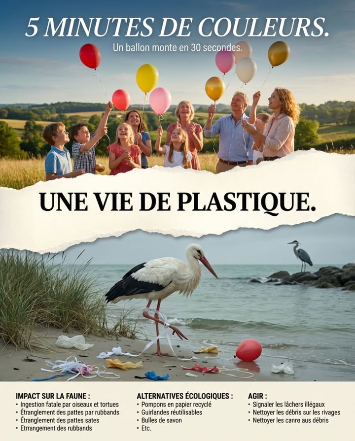 5 minutes de couleurs.
Une vie de plastique.

Les ballons lâchés montent dans le ciel en scintillant.
Ils retombent tous  chacun devient un piège mortel pour la faune.

– Les ballons retombent dans les forêts, rivières, littoraux et zones humides après avoir parcouru des centaines de kilomètres portés par le vent
– Les cigognes blanches, hérons cendré et rapaces ingèrent les débris en les prenant pour des proies  les intestins se bouchent fatalement
– Les rubbands élastiques attachés aux ballons étranglent les pattes des oiseaux aquatiques, créant des blessures graves sur les rivages français
– Les tortues marines confondent les débris de ballons avec des méduses et meurent docclusion intestinale
– Le plastique ne se décompose jamais vraiment  il se fragmente en microplastiques qui contaminent les chaînes alimentaires pendant des décennies
– En France, les lâchers de ballons sont interdit dans de nombreuses communes depuis 2023 après documentation de la faune blessée sur les littoraux

Les ballons ne disparaissent jamais vraiment.
Célébrez vos moments sans destruction : utilisez des fleurs séchées, des pompons en papier, des guirlandes réutilisables ou des bulles de savon.