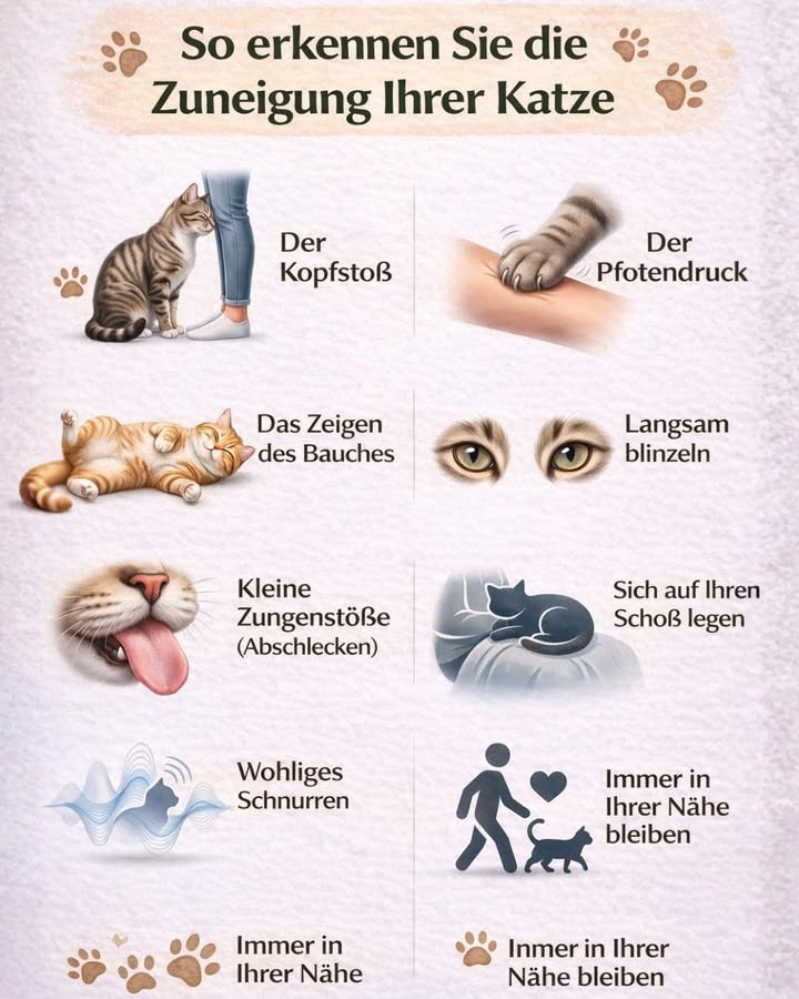 So erkennen Sie die Zuneigung Ihrer Katze

Katzen zeigen ihre Liebe oft leise  aber sehr deutlich, wenn man weiß, worauf man achten muss 
Wenn Ihre Katze eines dieser Zeichen zeigt, fühlt sie sich sicher, geborgen und mit Ihnen verbunden.

 Typische Liebesbeweise Ihrer Katze:

 Köpfchengeben  ein Zeichen von Vertrauen und Zugehörigkeit
 Pfotenauflegen  sanfte Nähe und Zuneigung
 Den Bauch zeigen  höchste Form von Vertrauen
 Langsam blinzeln  der Katzenkuss 
 Abschlecken  Sie gehören zur Familie
 Sich auf Ihren Schoß legen  Nähe und Geborgenheit
 Wohliges Schnurren  Entspannung und Wohlbefinden
 Immer in Ihrer Nähe bleiben  stille Loyalität

Diese kleinen Gesten sagen oft mehr als tausend Worte 
Ihre Katze liebt Sie  auf ihre ganz eigene Art.