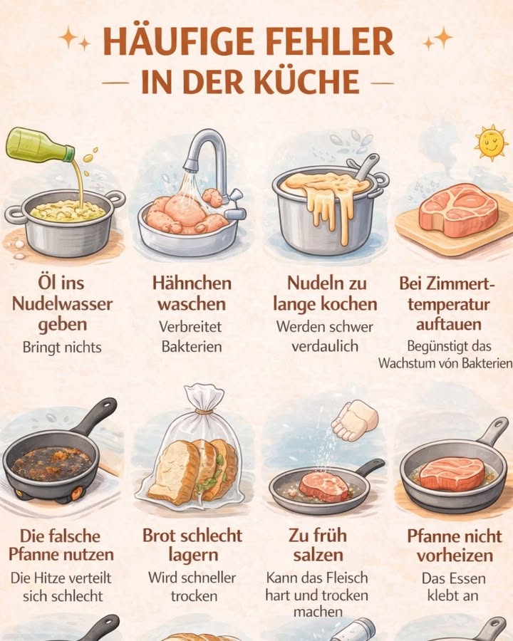 8 Häufige Fehler in der Küche, die fast jeder macht!

Kochen scheint einfach zu sein, aber viele kleine Gewohnheiten können das Ergebnis ruinieren  oder sogar gesundheitliche Risiken verursachen. Hier sind 8 häufige Küchenfehler, die du besser vermeiden solltest 

菱 1. Öl ins Nudelwasser geben
Viele glauben, dass Öl verhindert, dass Nudeln zusammenkleben. In Wirklichkeit bringt es überhaupt nichts und kann sogar verhindern, dass die Sauce gut an den Nudeln haftet.

 2. Hähnchen waschen
Das Waschen von rohem Hähnchen ist keine gute Idee. Es kann Bakterien im Waschbecken und auf der Arbeitsfläche verteilen. Durch das Kochen werden die Bakterien ohnehin abgetötet.

 3. Nudeln zu lange kochen
Überkochte Nudeln werden matschig und schwer verdaulich. Am besten immer al dente kochen  so bleiben Geschmack und Struktur erhalten.

數 4. Fleisch bei Zimmertemperatur auftauen
Wenn Fleisch zu lange bei Raumtemperatur liegt, können sich Bakterien schnell vermehren. Sicherer ist das Auftauen im Kühlschrank.

 5. Die falsche Pfanne benutzen
Nicht jede Pfanne eignet sich für jedes Gericht. Eine falsche Pfanne kann dazu führen, dass die Hitze ungleichmäßig verteilt wird.

稜 6. Brot falsch lagern
Wenn Brot falsch aufbewahrt wird, wird es schneller trocken oder schimmelt. Am besten in einem Brotkasten oder in einem Stoffbeutel lagern.

蓼 7. Zu früh salzen
Zu frühes Salzen kann dazu führen, dass Fleisch hart und trocken wird. Besser erst kurz vor oder nach dem Braten würzen.

 8. Pfanne nicht vorheizen
Wenn die Pfanne nicht heiß genug ist, klebt das Essen schnell an und brät nicht richtig.