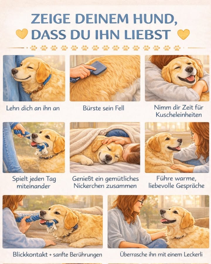 Zeige deinem Hund, wie sehr du ihn liebst 

Hunde sprechen vielleicht nicht unsere Sprache  aber sie fühlen jede Geste der Liebe.
Gemeinsame Zeit, Aufmerksamkeit und Zuneigung stärken eure Bindung jeden Tag aufs Neue 殺

 Kleine Dinge mit großer Wirkung:
 Kuscheln und Nähe
 Gemeinsames Spielen
 Sanfte Berührungen und Blickkontakt
 Liebevolle Worte
 Kleine Belohnungen

 Dein Hund braucht kein perfektes Zuhause  nur dich.