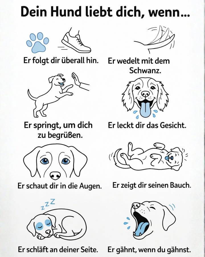 Dein Hund liebt dich, wenn 

Hunde sagen Ich liebe dich nicht mit Worten  sie zeigen es jeden Tag durch kleine Gesten 
Wenn dein Hund eines oder mehrere dieser Dinge tut, dann kannst du dir sicher sein: Du bist seine ganze Welt 

 Er folgt dir überall hin
Egal ob Küche, Wohnzimmer oder Bad  er möchte einfach in deiner Nähe sein.

 Er wedelt mit dem Schwanz
Dieses fröhliche Wedeln ist pure Freude, besonders wenn er dich sieht.

 Er springt, um dich zu begrüßen
Für ihn ist deine Rückkehr immer ein besonderes Ereignis.

 Er leckt dir das Gesicht
So zeigt er Zuneigung und Vertrauen  auch wenn es manchmal ein bisschen nass wird 

 Er schaut dir in die Augen
Ein liebevoller Blick bedeutet Vertrauen und eine starke emotionale Bindung.

 Er zeigt dir seinen Bauch
Das ist eines der größten Zeichen von Vertrauen bei Hunden.

 Er schläft an deiner Seite
Er fühlt sich bei dir sicher und geborgen.

 Er gähnt, wenn du gähnst
Das nennt man emotionale Synchronisation  ein Zeichen tiefer Verbundenheit.

 Hunde lieben bedingungslos.
Wenn dein Hund so reagiert, dann bist du für ihn Familie