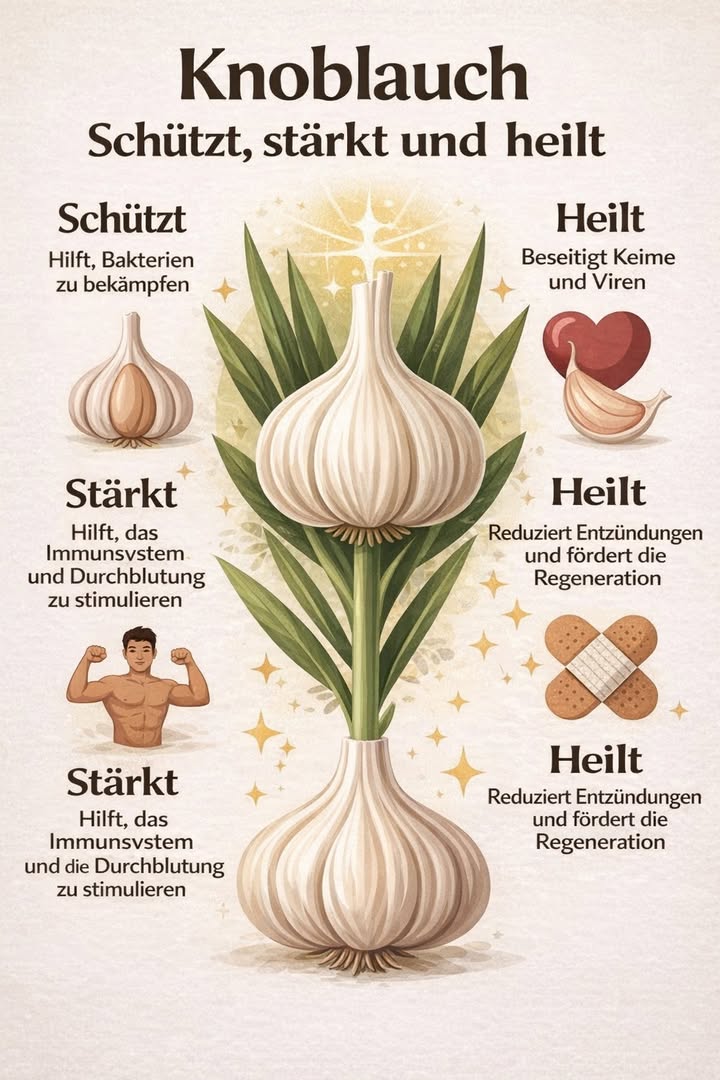 龍 Knoblauch  natürlich schützen, stärken und unterstützen

Knoblauch gehört seit Jahrhunderten zu den beliebtesten natürlichen Lebensmitteln  nicht nur wegen seines Geschmacks, sondern auch wegen seiner vielen positiven Eigenschaften für den Körper. 

 Warum Knoblauch so geschätzt wird :

 Schützt den Körper
Knoblauch ist bekannt dafür, den Körper im Alltag zu unterstützen und dabei zu helfen, unerwünschte Bakterien in Schach zu halten.

 Stärkt das Immunsystem
Er wird traditionell verwendet, um die Abwehrkräfte zu unterstützen und eine gesunde Durchblutung zu fördern  besonders in Zeiten von Stress oder Wetterwechseln.

 Unterstützt die Regeneration
Knoblauch wird oft mit entzündungshemmenden Eigenschaften in Verbindung gebracht und kann Teil einer ausgewogenen Ernährung sein, die zur allgemeinen Erholung beiträgt.

 Tipp für den Alltag
Am besten roh oder leicht angegart verwenden, z. B. in Salaten, Soßen oder mit Olivenöl  so bleiben viele seiner wertvollen Inhaltsstoffe erhalten.