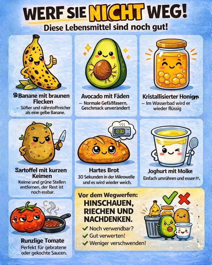 Wirf diese Lebensmittel nicht sofort weg!

Viele Menschen werfen Lebensmittel weg, nur weil sie ein bisschen anders aussehen. Doch in Wirklichkeit sind viele davon noch völlig essbar  und manchmal sogar besser!

Hier sind einige Beispiele, die dich überraschen könnten 

 Banane mit braunen Flecken
Wenn Bananen braune Punkte bekommen, denken viele, sie seien schlecht. Tatsächlich ist das Gegenteil der Fall:
Sie sind süßer, weicher und oft sogar nährstoffreicher als eine komplett gelbe Banane. Perfekt für Smoothies, Kuchen oder einfach zum Essen.

陋 Avocado mit Fäden
Diese kleinen Fäden im Fruchtfleisch sind normale Gefäßfasern der Avocado. Das ist völlig natürlich und bedeutet nicht, dass die Avocado verdorben ist. Der Geschmack bleibt gleich.

 Kristallisierter Honig
Wenn Honig kristallisiert, ist das sogar ein Zeichen für natürlichen, echten Honig.
Einfach das Glas kurz in warmem Wasserbad erwärmen  und er wird wieder flüssig.

凜 Kartoffeln mit kleinen Keimen
Wenn Kartoffeln kleine Keime haben, musst du sie nicht sofort wegwerfen.
Einfach Keime und grüne Stellen entfernen  der Rest der Kartoffel ist meistens noch essbar.

 Hart gewordenes Brot
Hartes Brot bedeutet nicht, dass es schlecht ist.
Lege es für etwa 30 Sekunden in die Mikrowelle oder kurz in den Ofen  und es wird wieder weich.

北 Joghurt mit Flüssigkeit oben
Die Flüssigkeit oben ist Molke, ein natürlicher Teil des Joghurts und sogar reich an Protein.
Einfach umrühren und genießen.

 Runzlige Tomaten
Tomaten, die etwas weich oder runzlig sind, sind oft perfekt für Saucen, Suppen oder zum Braten.

 Merke dir diese einfache Regel:
Bevor du Lebensmittel wegwirfst:

 Schau sie an
 Rieche daran
樂 Denk kurz nach

Oft sind sie noch vollkommen genießbar  und du kannst damit helfen, Lebensmittelverschwendung zu reduzieren.