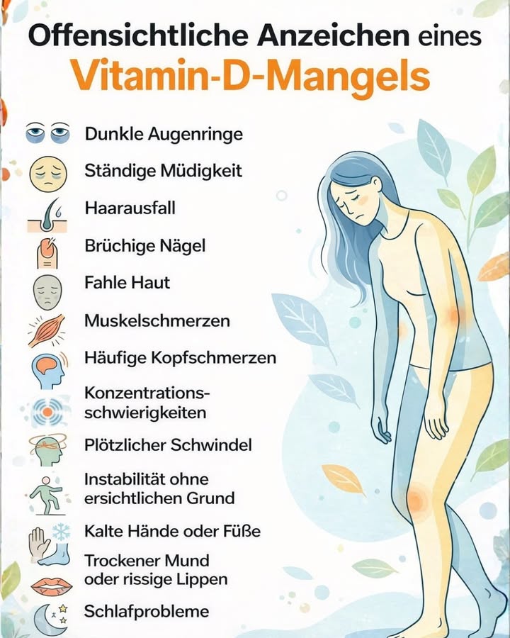 Offensichtliche Anzeichen eines Vitamin-D-Mangels

Viele Menschen leiden unter einem Vitamin-D-Mangel, ohne es überhaupt zu merken. Dieses wichtige Vitamin spielt eine entscheidende Rolle für unsere Knochen, Muskeln, das Immunsystem und sogar unsere Stimmung.

Wenn deinem Körper Vitamin D fehlt, kann er verschiedene Warnsignale senden. Dazu gehören zum Beispiel:

 Dunkle Augenringe
 Ständige Müdigkeit
 Haarausfall
 Brüchige Nägel
 Fahle Haut
 Muskelschmerzen
 Häufige Kopfschmerzen
 Konzentrationsprobleme
 Plötzlicher Schwindel
 Kalte Hände oder Füße
 Schlafprobleme

Vitamin D wird oft als Sonnenvitamin bezeichnet, weil unser Körper es hauptsächlich durch Sonnenlicht produziert. Doch besonders im Herbst und Winter bekommen viele Menschen nicht genug davon.
