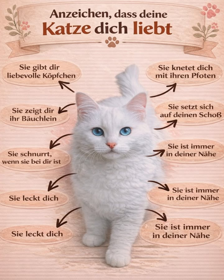 Anzeichen, dass deine Katze dich wirklich liebt 

Katzen zeigen ihre Zuneigung oft auf eine ganz eigene, leise Art. Wenn du diese kleinen Gesten kennst, erkennst du sofort, wie sehr dein Stubentiger dir vertraut und dich liebt 

 Typische Liebeszeichen deiner Katze 

 Liebevolle Köpfchen
Wenn deine Katze dich sanft mit dem Kopf anstößt, markiert sie dich als Teil ihrer Familie. Das ist ein starkes Zeichen von Vertrauen.

 Sie zeigt dir ihr Bäuchlein
Der Bauch ist eine sehr empfindliche Stelle. Wenn deine Katze ihn zeigt, fühlt sie sich bei dir sicher und geborgen.

 Sie schnurrt in deiner Nähe
Schnurren bedeutet Wohlbefinden. Deine Anwesenheit gibt ihr Ruhe und Sicherheit.

 Sie leckt dich
Das ist Katzenpflege  und die ist nur für enge Vertraute reserviert. Du gehörst zu ihrem inneren Kreis.

 Kneten mit den Pfoten
Dieses Verhalten stammt aus der Kittenzeit und zeigt tiefe Entspannung und Zuneigung.

 Sie setzt sich auf deinen Schoß
Nähe, Wärme und Vertrauen  mehr Liebe geht kaum.

 Sie ist immer in deiner Nähe
Auch wenn sie nicht ständig kuschelt: Wenn sie dir folgt oder in deiner Nähe bleibt, fühlt sie sich mit dir verbunden.
