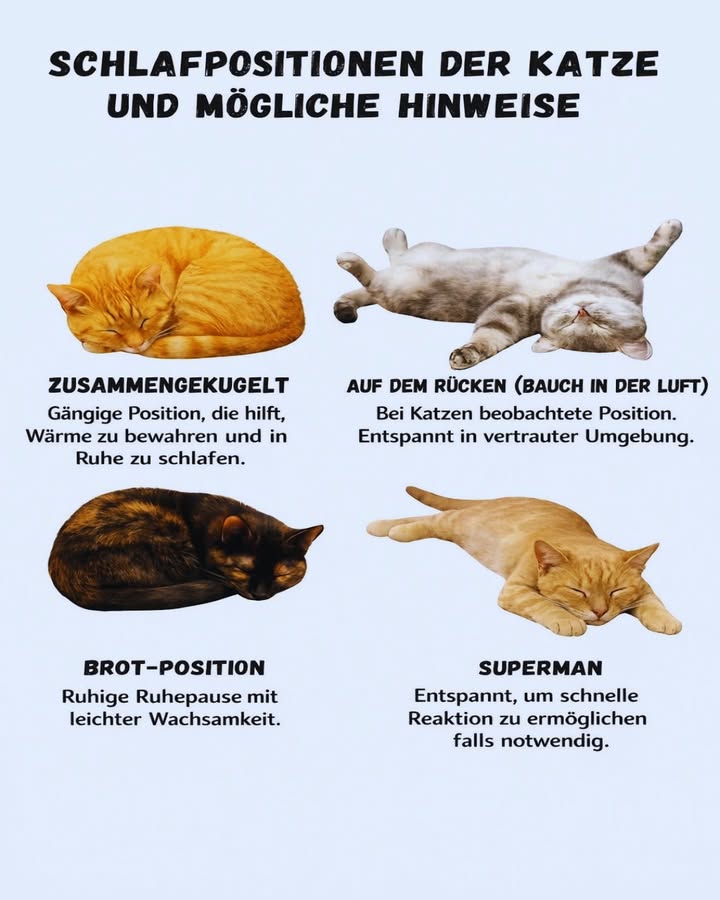 Schlafpositionen der Katze  und was sie bedeuten können 

Katzen schlafen bis zu 16 Stunden am Tag  und ihre Schlafposition verrät oft viel über ihr Wohlbefinden, ihr Sicherheitsgefühl und ihre Umgebung.
Hier sind 4 typische Schlafpositionen und ihre mögliche Bedeutung 

 Zusammengerollt

 Klassische Schlafposition

Diese Position hilft der Katze, Wärme zu speichern und ihre lebenswichtigen Organe zu schützen.
Sie zeigt, dass sich die Katze ruhig fühlt, aber dennoch instinktiv vorsichtig ist.

 Häufig bei kühleren Temperaturen
 Zeichen von Komfort und Ruhe

 Auf dem Rücken Bauch in der Luft

 Maximale Entspannung

Der Bauch ist die empfindlichste Stelle einer Katze.
Wenn sie ihn zeigt, bedeutet das: absolute Sicherheit und Vertrauen.

 Die Katze fühlt sich vollkommen wohl
 Keine Angst vor ihrer Umgebung

 Brot-Position

 Entspannt, aber aufmerksam

Pfoten sind unter dem Körper versteckt  bereit, sich bei Bedarf schnell zu bewegen.
Diese Position steht für leichte Wachsamkeit bei gleichzeitiger Ruhe.

 Häufig tagsüber
 Katze döst, schläft aber nicht tief

隸 Superman-Position

 Entspannt mit schneller Reaktionsbereitschaft

Die Katze liegt flach auf dem Bauch, alle Pfoten ausgestreckt.
Sie ruht, ist aber jederzeit bereit aufzustehen.

 Angenehme Raumtemperatur
 Gefühl von Sicherheit mit Aufmerksamkeit

 Wichtig zu wissen
Jede Katze ist einzigartig.
Die Schlafposition kann je nach Stimmung, Temperatur, Alter und Umgebung variieren.