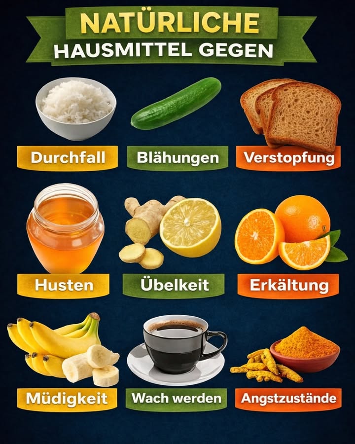Natürliche Hausmittel  einfach & wirksam 

Wusstest du, dass viele kleine Alltagsbeschwerden mit ganz einfachen Lebensmitteln gelindert werden können? 狀
Unsere Großmütter kannten diese Tricks schon lange  und sie funktionieren noch heute 

 Hier ein paar bewährte natürliche Helfer:

 Reis  gegen Durchfall
Leicht verdaulich und beruhigend für den Magen.

勒 Gurke  gegen Blähungen
Erfrischend und sanft für die Verdauung.

 Toastbrot  gegen Verstopfung
Hilft, den Darm wieder in Balance zu bringen.

 Honig  gegen Husten
Beruhigt den Hals und wirkt natürlich antibakteriell.

 Ingwer & Zitrone  gegen Übelkeit
Ein klassisches Hausmittel für den Magen.

 Orange  bei Erkältung
Reich an Vitamin C für das Immunsystem.

 Banane  bei Müdigkeit
Gibt schnell Energie auf natürliche Weise.

 Kaffee  zum Wachwerden
Der Klassiker für einen schnellen Energie-Kick.

 Kurkuma  bei Angstzuständen
Bekannt für seine beruhigenden und entzündungshemmenden Eigenschaften.

 Wichtig:
Diese Tipps ersetzen keinen Arzt, können aber im Alltag eine wertvolle Unterstützung sein.