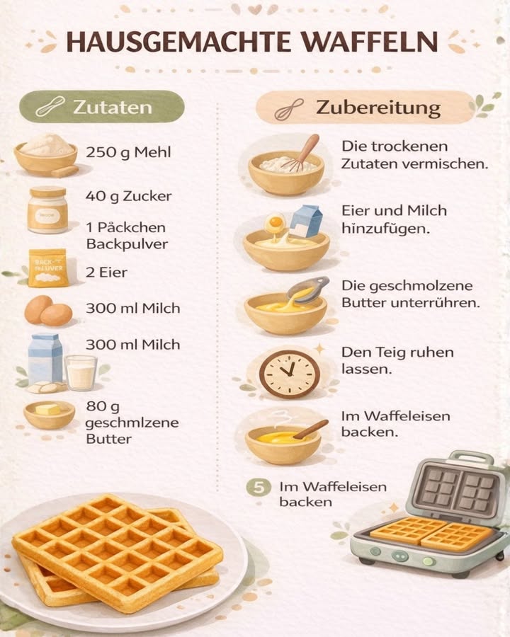 劉 Hausgemachte Waffeln  einfach & unglaublich lecker! 劉

Du suchst ein schnelles Rezept für fluffige, goldbraune Waffeln? Hier ist ein Klassiker, der immer gelingt  perfekt für Frühstück, Brunch oder Kaffeepause! 

北 Zutaten:

250 g Mehl

40 g Zucker

1 Päckchen Backpulver

2 Eier

300 ml Milch

80 g geschmolzene Butter

 Zubereitung:
1 Mehl, Zucker und Backpulver in einer Schüssel vermischen.
2 Eier und Milch hinzufügen und alles gut verrühren.
3 Die geschmolzene Butter unterheben und zu einem glatten Teig mischen.
4 Den Teig 1015 Minuten ruhen lassen.
5 Im vorgeheizten Waffeleisen goldbraun backen.

 Serviervorschläge:
Mit Puderzucker bestäuben, frische Erdbeeren oder Heidelbeeren dazugeben oder mit Sahne und Schokosauce genießen.

 Tipp: Wenn du es besonders knusprig magst, backe die Waffeln ein paar Sekunden länger.