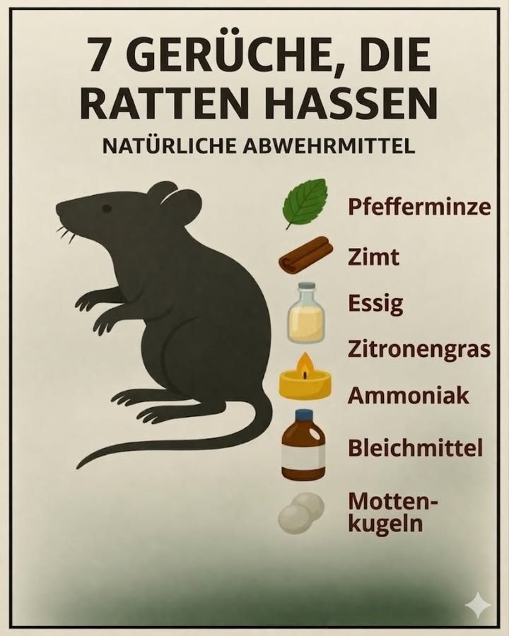 7 Gerüche, die Ratten hassen  natürliche Abwehrmittel!

Hast du Probleme mit Ratten oder Mäusen im Haus oder Garten? 
Gute Nachrichten: Du kannst sie auf natürliche Weise vertreiben, ohne aggressive Chemikalien!

 Ratten haben einen extrem empfindlichen Geruchssinn und genau das kannst du zu deinem Vorteil nutzen 

 Diese 7 Gerüche hassen Ratten:

 Pfefferminze
 Sehr stark und frisch  wirkt wie ein natürlicher Schutzschild

 Zimt
 Intensiver Duft, der Nagetiere fernhält

 Essig
 Reinigt und vertreibt gleichzeitig

 Zitronengras
 Frischer Duft, den Ratten nicht ertragen können

 Ammoniak
 Imitiert den Geruch von Raubtieren

 Bleichmittel
 Sehr stark  nur vorsichtig verwenden!

 Mottenkugeln
 Effektiv, aber nicht ideal für Haushalte mit Kindern oder Haustieren 

 Profi-Tipps:

Tränke Wattebällchen mit Pfefferminzöl oder Essig
Lege sie in Ecken, hinter Möbeln oder nahe Eingängen
Regelmäßig erneuern für maximale Wirkung