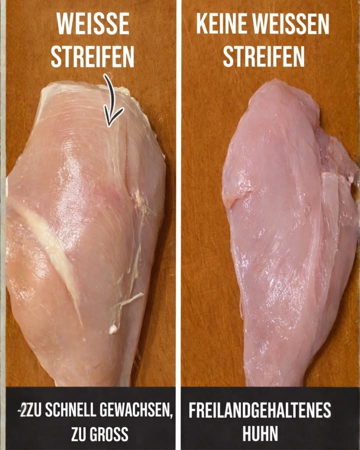 類 Schon mal weiße Streifen im Hähnchenfleisch bemerkt?

Auf dem linken Bild siehst du sogenannte weiße Streifen.
Diese entstehen häufig bei Hühnern, die sehr schnell wachsen und besonders groß gezüchtet werden.

 Das Fleisch kann dadurch mehr Fett enthalten und eine veränderte Struktur haben.

Rechts siehst du ein Hähnchenbrustfilet ohne weiße Streifen  oft ein Hinweis auf langsamere Aufzucht und bessere Haltungsbedingungen, wie z. B. Freilandhaltung.

 Tipp beim Einkaufen:
Achte auf:
 Gleichmäßige, rosige Farbe
 Feste Fleischstruktur
 Möglichst keine auffälligen weißen Streifen
 Herkunft & Haltungsform

Qualität beginnt schon beim Einkauf.