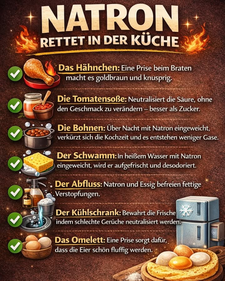 NATRON  DER GEHEIME KÜCHEN-RETTER, DEN FAST JEDER ZU HAUSE HAT! 

Wusstest du, dass ein einfaches Hausmittel deine Küche komplett verändern kann? 勞
Natron ist nicht nur zum Backen da  es ist ein echter Allrounder für Geschmack, Frische und Sauberkeit!

Hier sind 7 geniale Anwendungen, die du sofort ausprobieren kannst:

 Knuspriges Hähnchen wie im Restaurant
Eine kleine Prise beim Braten sorgt für eine goldbraune, extra knusprige Kruste.

 Tomatensoße ohne überschüssige Säure
Natron neutralisiert die Säure  ganz ohne Zucker und ohne den Geschmack zu verfälschen.

齃 Bohnen schneller kochen & besser verträglich machen
Über Nacht mit etwas Natron einweichen  verkürzt die Kochzeit und reduziert Blähungen.

什 Schwamm wieder frisch machen
In heißem Wasser mit Natron einweichen  desinfiziert, neutralisiert Gerüche und spart Geld.

 Verstopften Abfluss natürlich reinigen
Natron  Essig = kraftvolle Kombination gegen Fett und Ablagerungen.

流 Kühlschrank-Gerüche loswerden
Eine kleine Schale mit Natron absorbiert schlechte Gerüche und hält alles frisch.

 Locker-fluffiges Omelett
Eine Prise sorgt für luftige Eier wie vom Profi.

 Einfach. Günstig. Effektiv.