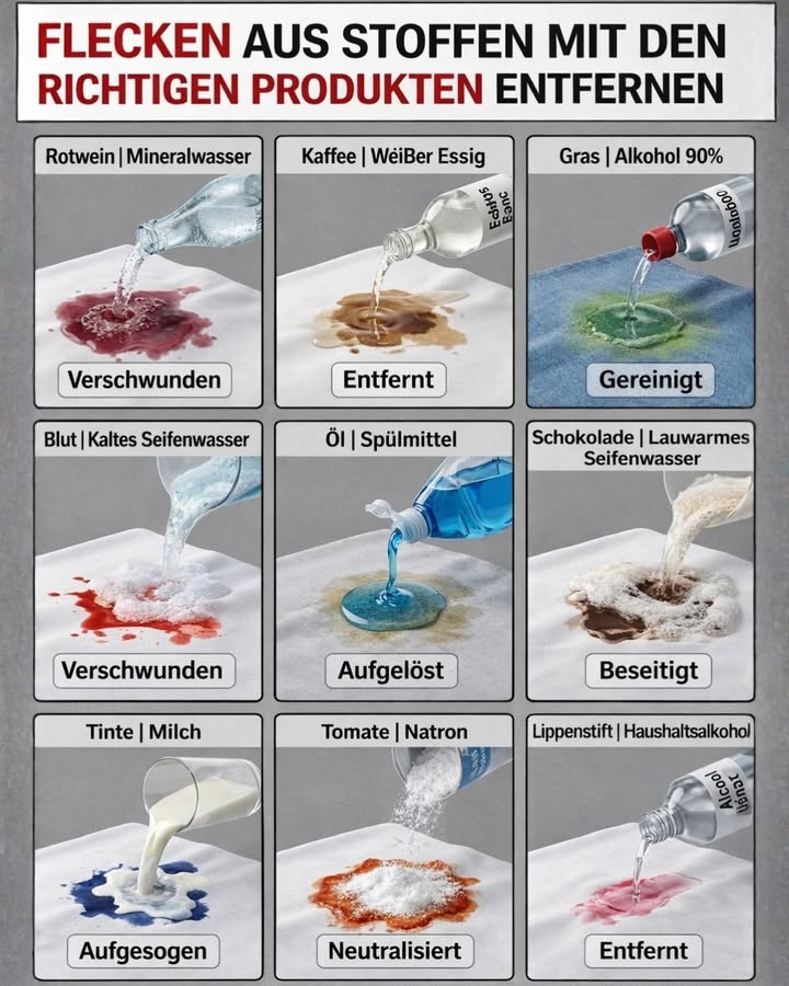 識 Flecken entfernen wie ein Profi  mit einfachen Hausmitteln!

Kennst du das? Ein Moment der Unachtsamkeit  und schon ist der Lieblingsstoff ruiniert 
Aber keine Sorge! Mit den richtigen Produkten kannst du viele Flecken ganz einfach retten.

Hier sind bewährte Tipps:

 Rotwein  Mit Mineralwasser behandeln  der Fleck verschwindet!
 Kaffee  Weißer Essig hilft, die Verfärbung zu lösen.
 Grasflecken  Mit 90% Alkohol reinigen.
喝 Blut  Immer mit kaltem Seifenwasser behandeln!
 Ölflecken  Spülmittel löst das Fett effektiv auf.
 Schokolade  Mit lauwarmem Seifenwasser entfernen.
 Tinte  Einfach mit Milch einweichen.
 Tomate  Natron neutralisiert die Säuren.
 Lippenstift  Mit Haushaltsalkohol entfernen.

 Wichtig: Flecken immer so schnell wie möglich behandeln und nicht reiben  lieber vorsichtig tupfen!