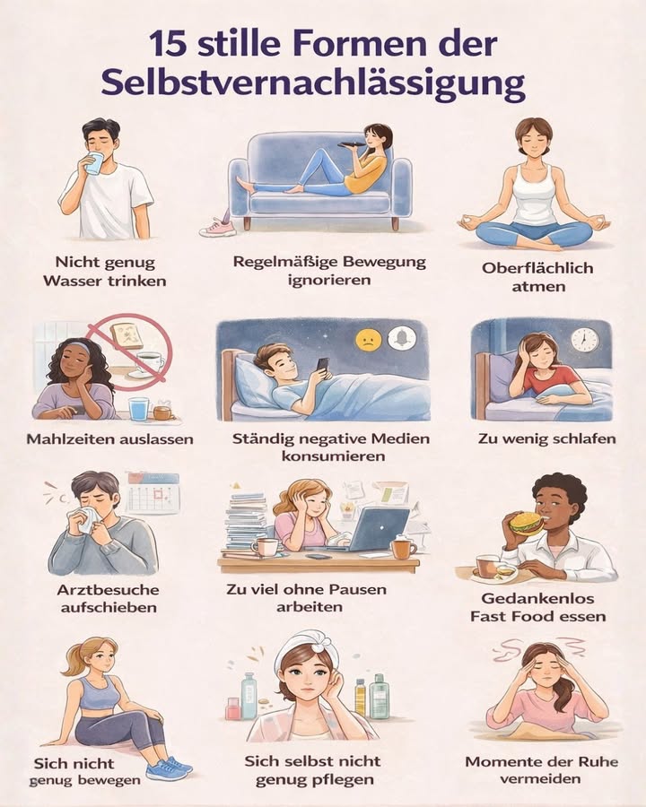 15 stille Formen der Selbstvernachlässigung 

Manchmal sind es nicht die großen Dinge, die uns schaden 
sondern die kleinen Gewohnheiten, die wir jeden Tag ignorieren.

Nicht genug Wasser trinken.
Zu wenig schlafen.
Immer funktionieren  ohne Pause.

 All das wirkt harmlos, kann aber auf Dauer Körper und Geist belasten.

 Diese Grafik erinnert uns daran:
 Selbstfürsorge ist kein Luxus
 Pausen sind keine Schwäche
 Auf sich selbst zu achten ist notwendig

 Schon kleine Schritte machen einen großen Unterschied:
 ein Glas Wasser mehr
 ein paar Minuten Ruhe
 bewusst atmen
 sich selbst wichtiger nehmen