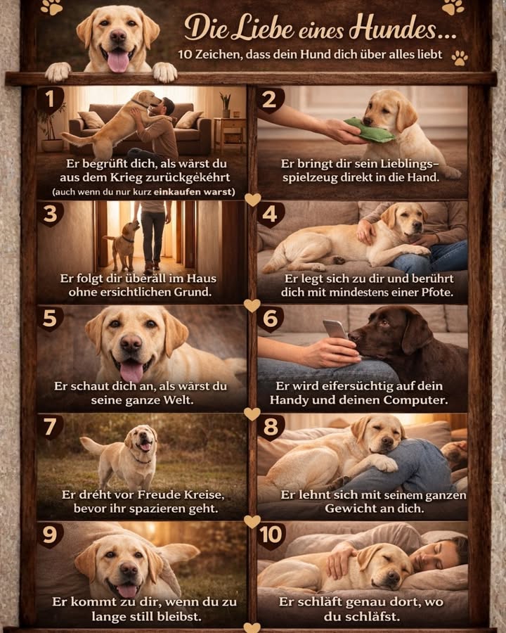 Die Liebe eines Hundes
10 kleine Dinge, die zeigen, wie sehr dein Hund dich liebt

Manchmal braucht es keine Worte
Dein Hund zeigt dir jeden Tag auf seine eigene Weise, wie wichtig du für ihn bist.

 Er begrüßt dich, als wärst du aus dem Krieg zurückgekehrt
 Er bringt dir sein Lieblingsspielzeug
 Er folgt dir überall
 Er schaut dich an, als wärst du seine ganze Welt

Und das Schönste?
 Für ihn bist du nicht nur ein Mensch
Du bist sein Zuhause, seine Sicherheit, sein ganzes Universum.

Viele verstehen das nicht
Aber jeder Hundebesitzer weiß:
 Diese kleinen Gesten bedeuten alles.