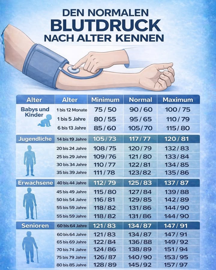 喙 Kennen Sie Ihren normalen Blutdruck je nach Alter?

Viele Menschen messen ihren Blutdruck, wissen aber nicht, welche Werte tatsächlich als normal gelten. Dabei ist der Blutdruck ein wichtiger Indikator für unsere Gesundheit  besonders für Herz und Gefäße.

 Der Blutdruck verändert sich mit dem Alter. Deshalb ist ein Wert, der für einen jungen Erwachsenen normal ist, kann für eine ältere Person anders bewertet werden.

 In der Grafik oben sehen Sie die normalen Blutdruckbereiche nach Alter  von Babys bis zu Senioren.

Warum ist das wichtig?

 Ein zu hoher Blutdruck Hypertonie kann das Risiko für

Herzinfarkt

Schlaganfall

Nierenerkrankungen

Herzschwäche

deutlich erhöhen.

 Ein zu niedriger Blutdruck kann hingegen zu

Schwindel

Müdigkeit

Konzentrationsproblemen

Ohnmacht

führen.

Einige einfache Tipps, um den Blutdruck gesund zu halten:

綾 Gesunde Ernährung  weniger Salz, mehr Obst und Gemüse
 Regelmäßige Bewegung  schon 30 Minuten pro Tag helfen
 Ausreichend Schlaf
 Rauchen vermeiden
律 Stress reduzieren

 Experten empfehlen außerdem, den Blutdruck regelmäßig zu messen, besonders ab dem 40. Lebensjahr.