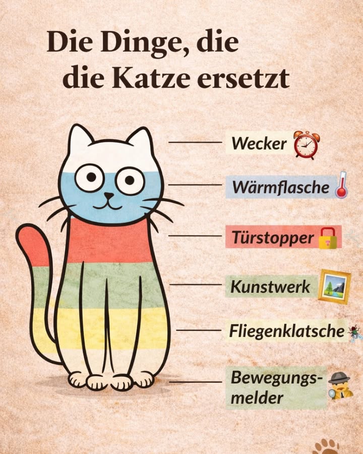 DIE DINGE, DIE DIE KATZE ERSETZT
Eine Katze ist nicht nur süß sie ist ein Multifunktionsgerät 
Beweis gefällig? 

 Wecker
Vergiss den Alarm. Deine Katze weiß ganz genau, wann es Zeit zum Aufstehen ist  besonders wenn sie Hunger hat.

 Wärmflasche
Leg dich hin, Katze drauf = natürliche Heizung.
Sparsam, leise und schnurrt inklusive 殺

 Türstopper
Sie liegt exakt dort, wo du durch willst.
Bewegung unmöglich. Diskussion zwecklos.

 Kunstwerk
Mitten im Wohnzimmer sitzend wird sie automatisch der schönste Blickfang der Wohnung.

練 Fliegenklatsche
Kein Insekt ist sicher.
Ob Fliege, Staubkorn oder imaginärer Feind  sie ist im Einsatz 

 Bewegungsmelder
Das leiseste Geräusch?
Ohren hoch, Augen weit offen, Einsatzbereit 

 Fazit:
Eine Katze ersetzt locker fünf Haushaltsgeräte 
und stiehlt dabei auch noch dein Herz