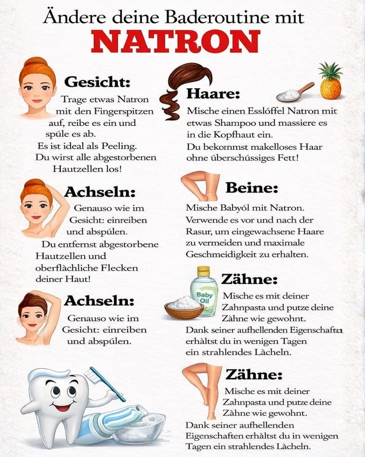 Ändere deine Baderoutine mit Natron  einfache Tipps mit großer Wirkung! 

Wusstest du, dass Natron ein echter Alltagsheld im Badezimmer sein kann?  Dieses natürliche Hausmittel ist vielseitig einsetzbar und kann deine Pflegeroutine auf einfache Weise verbessern.

林 Für das Gesicht:
Sanft als Peeling angewendet, hilft es dabei, abgestorbene Hautzellen zu entfernen und die Haut frischer wirken zu lassen.

 Für die Haare:
Mit etwas Shampoo gemischt, kann es helfen, überschüssiges Fett zu reduzieren und die Kopfhaut gründlich zu reinigen.

 Für die Achseln:
Sanft einmassiert und abgespült, unterstützt es eine saubere und gepflegte Haut.

例 Für die Beine:
In Kombination mit Babyöl vor und nach der Rasur angewendet, kann es helfen, eingewachsene Haare zu vermeiden und die Haut geschmeidig zu halten.

 Für die Zähne:
Mit Zahnpasta gemischt angewendet, wird es oft als Hausmittel für ein strahlenderes Lächeln genutzt.