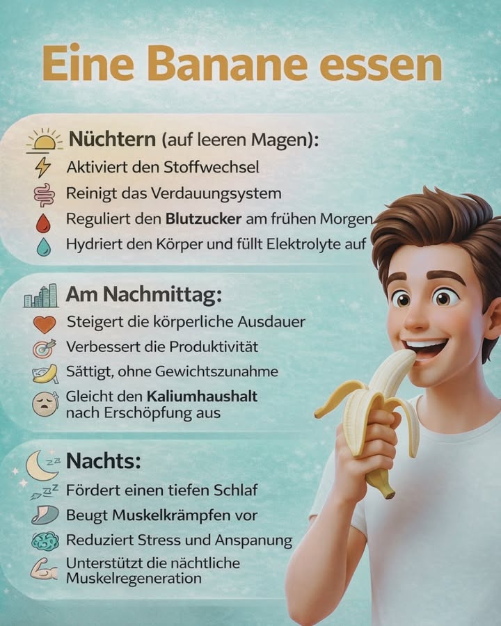 Eine Banane essen: Der richtige Zeitpunkt macht den Unterschied! 

Einfach, natürlich und lecker  die Banane ist ein echter Gesundheitshelfer, wenn man sie zur richtigen Zeit isst 

 Morgens auf nüchternen Magen:
 Aktiviert den Stoffwechsel
 Unterstützt die Verdauung
 Stabilisiert den Blutzucker am Morgen
 Hydriert den Körper und füllt Elektrolyte auf

 Am Nachmittag:
 Liefert natürliche Energie
 Steigert Konzentration und Produktivität
 Macht satt ohne Gewichtszunahme
 Gleicht den Kaliumverlust nach Müdigkeit aus

 Abends oder nachts:
 Fördert einen tieferen Schlaf
 Beugt Muskelkrämpfen vor
 Reduziert Stress und Anspannung
 Unterstützt die nächtliche Muskelregeneration

 Fazit:
Eine Banane ist gut.
 Eine Banane zur richtigen Zeit ist noch besser