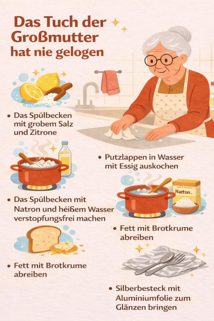 Das Tuch der Großmutter hat nie gelogen 

Schon unsere Großmütter wussten:
Für ein sauberes Zuhause braucht man keine teuren Chemikalien  einfache Hausmittel reichen völlig aus 什

 Grobes Salz und Zitrone für ein sauberes Spülbecken
 Essig zum Auskochen der Putzlappen
 Natron und heißes Wasser gegen verstopfte Abflüsse
 Brotkrume zum Entfernen von Fett
 Aluminiumfolie für glänzendes Silberbesteck

Natürlich, effektiv und zeitlos