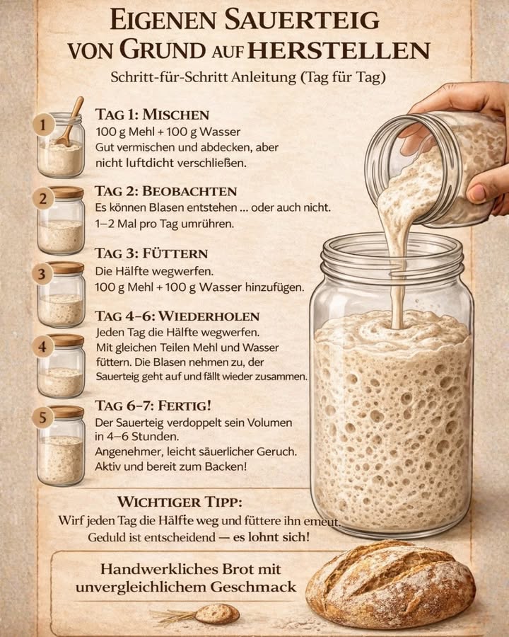 稜 Eigenen Sauerteig zu Hause herstellen  einfacher als du denkst!

Wusstest du, dass du mit nur Mehl und Wasser deinen eigenen Sauerteig herstellen kannst? Kein industrieller Zusatz, kein kompliziertes Rezept  nur ein wenig Geduld. Und das Ergebnis ist ein Brot mit unglaublichem Geschmack, wie aus einer traditionellen Bäckerei.

So funktioniert es:

 Tag 1: Mehl und Wasser mischen
 Tag 2: Beobachten und umrühren
 Tag 3: Den Sauerteig füttern
 Tag 46: Jeden Tag wiederholen
 Tag 67: Dein Sauerteig ist aktiv und bereit zum Backen

Mit der Zeit entstehen natürliche Hefen und gute Bakterien, die deinem Brot eine lockere Krume und diesen typisch leicht säuerlichen Geschmack geben.

 Wichtiger Tipp:
Wirf jeden Tag die Hälfte weg und füttere den Rest mit frischem Mehl und Wasser. Geduld ist der Schlüssel!