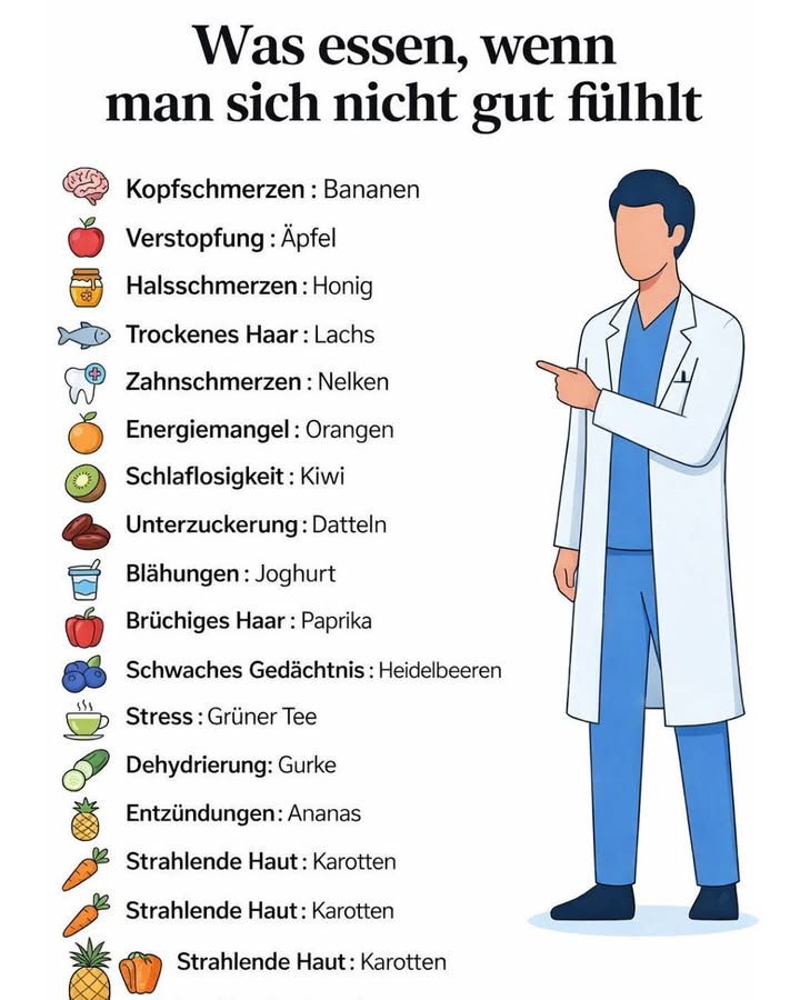 Was essen, wenn man sich nicht gut fühlt? 

Unser Körper sendet uns täglich kleine Signale.
Mit den richtigen Lebensmitteln kannst du ihn sanft unterstützen 

 Kopfschmerzen  Bananen
 Verstopfung  Äpfel
 Halsschmerzen  Honig
 Trockenes Haar  Lachs
醴 Zahnschmerzen  Nelken
 Energiemangel  Orangen
諾 Schlaflosigkeit  Kiwi
 Unterzuckerung  Datteln
北 Blähungen  Joghurt
𣏕 Brüchiges Haar  Paprika
𢡄 Schwaches Gedächtnis  Heidelbeeren
 Stress  Grüner Tee
勒 Dehydrierung  Gurke
 Entzündungen  Ananas
凌 Strahlende Haut  Karotten

 Kleine Änderungen in der Ernährung können oft einen großen Unterschied machen.