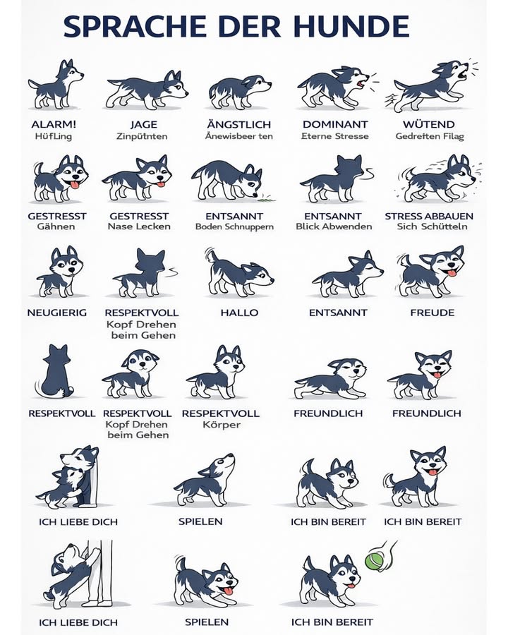 SPRACHE DER HUNDE  Was dein Vierbeiner dir wirklich sagen will
Hunde sprechen ständig mit uns  nur eben nicht mit Worten. Ihre Körpersprache verrät viel über ihre Gefühle, ihre Stimmung und ihre Bedürfnisse. Wer sie richtig liest, versteht seinen Hund auf einer ganz neuen Ebene. 
Hier sind einige wichtige Signale und ihre Bedeutung:
 Alarm
Aufrechte Haltung, gespannte Ohren  dein Hund ist aufmerksam und beobachtet eine mögliche Gefahr.
 Ängstlich
Geduckte Haltung, eingezogener Schwanz  Unsicherheit oder Angst.
 Dominant
Selbstbewusste Körperhaltung, direkter Blick  dein Hund zeigt Kontrolle oder Selbstsicherheit.
 Wütend
Knurren, Zähne zeigen, steife Bewegungen  Abstand halten und Situation beruhigen.
 Gestresst Gähnen, Nase lecken
Beschwichtigungssignale. Dein Hund versucht, Stress abzubauen oder Konflikte zu vermeiden.
 Entspannt Schnüffeln, Blick abwenden
Ruhige Bewegungen, lockerer Körper  dein Hund fühlt sich sicher.
 Freude
Wedelnder Schwanz, offene Körperhaltung, spielerische Bewegungen  pures Glück!
 Neugierig
Aufmerksamer Blick, leicht nach vorne geneigt  Interesse an etwas Neuem.
欄 Respektvoll
Kopf drehen oder Blick abwenden beim Gehen  höfliches Hundeverhalten.
 Spielen / Ich bin bereit
Vorderkörper tief, Hinterteil oben Spielverbeugung  klare Einladung zum Spielen!
殺 Ich liebe dich
Anlehnen, Körperkontakt suchen  dein Hund zeigt Vertrauen und Zuneigung.
