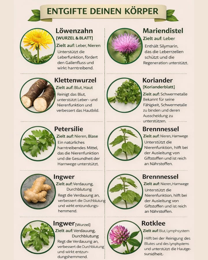ENTGIFTE DEINEN KÖRPER  NATÜRLICH & BEWUSST 

Wusstest du, dass bestimmte Pflanzen deinen Körper auf natürliche Weise unterstützen können?
Diese Übersicht zeigt, welche Kräuter und Wurzeln Leber, Nieren, Blut, Verdauung und Lymphsystem fördern können 

 Ideal für alle, die:

bewusster leben möchten

ihre Ernährung ergänzen wollen

sich für natürliche Gesundheit interessieren