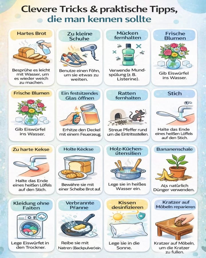 Clevere Tricks & praktische Tipps für den Alltag

Manchmal sind es die einfachen Ideen, die den Alltag leichter machen.
Diese kleinen Hausmittel und Tipps sind praktisch, schnell umzusetzen und oft schon seit Generationen bekannt 

 Hartes Brot
Ein wenig Wasser aufsprühen  schon wird es wieder weicher.

 Zu kleine Schuhe
Mit einem Föhn vorsichtig erwärmen, um sie etwas zu weiten.

烈 Mücken fernhalten
Mundspülung z. B. Listerine kann helfen, Mücken abzuschrecken.

 Frische Blumen länger genießen
Ein paar Eiswürfel ins Wasser geben.

龎 Ein festsitzendes Glas öffnen
Den Deckel kurz erhitzen  so löst er sich leichter.

 Ratten fernhalten
Pfeffer rund um die Eintrittsstellen streuen.

 Stich lindern
Das Ende eines heißen Löffels vorsichtig auf den Stich halten.

 Zu harte Kekse
Mit einer Scheibe Brot aufbewahren  sie werden wieder weicher.

 Holz-Küchenutensilien reinigen
Einfach in heißem Wasser einlegen.

 Bananenschale
Als natürlichen Dünger für Pflanzen verwenden.

 Kleidung ohne Falten
Eiswürfel mit in den Trockner legen.

 Verbrannte Pfanne
Mit Natron Backpulver einreiben und reinigen.

 Kissen desinfizieren
Ein paar Stunden in die Sonne legen.

蝹 Kratzer auf Möbeln reparieren
Mit einer Walnuss darüber reiben  wirkt oft erstaunlich gut.

 Fazit:
Altbewährte Hausmittel sind oft günstig, effektiv und umweltfreundlich.