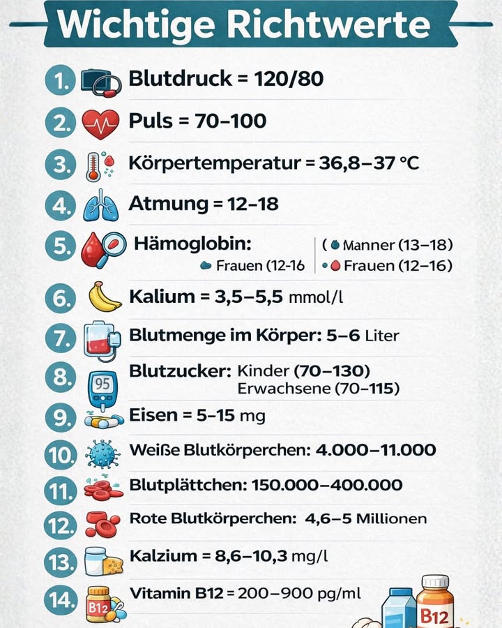 喙 Wichtige Gesundheits-Richtwerte, die man kennen sollte

Viele Menschen wissen nicht, welche Werte im Körper als normal gelten. Dabei helfen genau diese Zahlen, Veränderungen frühzeitig zu erkennen und besser auf die eigene Gesundheit zu achten.

Hier sind einige wichtige Referenzwerte, die Ärztinnen und Ärzte häufig nutzen 

 Blutdruck: 120/80
 Puls: 70100 Schläge/Minute
 Körpertemperatur: 36,837 C
 Atemfrequenz: 1218 Atemzüge/Minute

 Hämoglobin:
 Männer: 1318
 Frauen: 1216

 Kalium: 3,55,5 mmol/l
 Blutmenge im Körper: ca. 56 Liter

 Blutzucker:
 Kinder: 70130
 Erwachsene: 70115

 Eisen: 515 mg
 Weiße Blutkörperchen: 4.00011.000
 Blutplättchen: 150.000400.000
 Rote Blutkörperchen: 4,65 Millionen

 Kalzium: 8,610,3 mg/l
 Vitamin B12: 200900 pg/ml