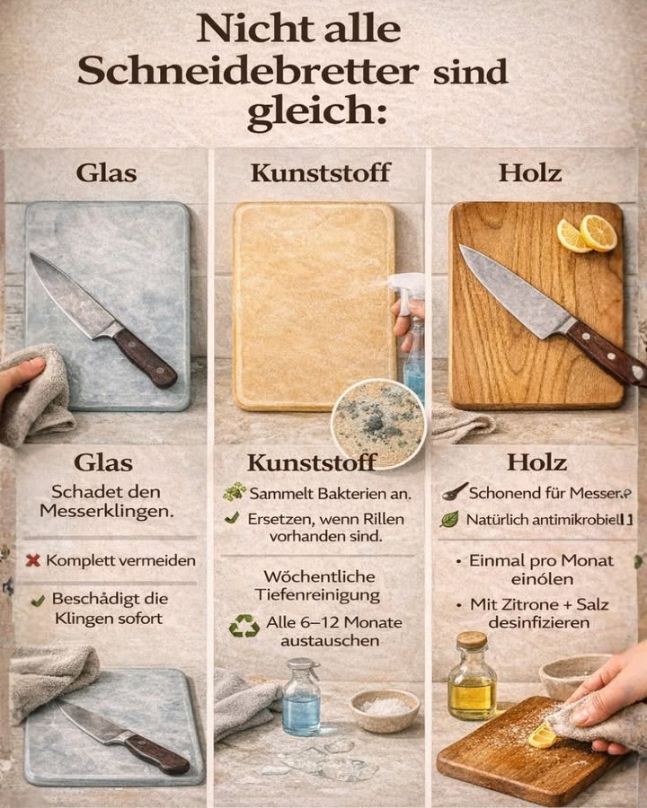 Nicht alle Schneidebretter sind gleich  und das kann deine Messer ruinieren! 

Viele Menschen denken, ein Schneidebrett ist einfach ein Schneidebrett
 Falsch! Das Material macht einen riesigen Unterschied  für Hygiene, Sicherheit und Messerschärfe.

流 Glas-Schneidebretter
 Schädigen die Messerklingen sofort
 Sehr rutschig und gefährlich, wenn sie splittern
 Am besten komplett vermeiden

識 Kunststoff-Schneidebretter
裂 Sammeln mit der Zeit Bakterien in den Rillen
 Wöchentlich gründlich reinigen
 Alle 612 Monate austauschen, besonders bei tiefen Schnitten

 Holz-Schneidebretter die beste Wahl!
 Schonend für Messer
 Natürlich antibakteriell
㮝 Einmal pro Monat einölen
 Mit Zitrone  Salz natürlich desinfizieren

什 Wichtiger Tipp:
 Immer zuerst mit Seife und warmem Wasser reinigen, egal welches Material.