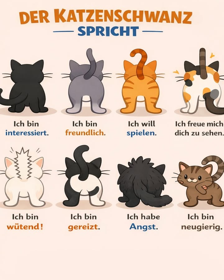 Der Katzenschwanz spricht  Verstehst du deine Katze wirklich?

Wusstest du, dass der Schwanz deiner Katze wie eine eigene Sprache funktioniert?
Noch bevor sie miaut, verrät dir ihre Körperhaltung ganz genau, was sie fühlt.

Hier ist, was die verschiedenen Schwanzstellungen bedeuten können:

 Schwanz leicht erhoben  Ich bin interessiert.
Deine Katze beobachtet aufmerksam ihre Umgebung.

 Schwanz locker nach oben gebogen  Ich bin freundlich.
Ein klares Zeichen von Offenheit und Vertrauen.

 Schwanz hoch aufgerichtet mit gebogener Spitze  Ich will spielen.
Jetzt ist der perfekte Moment für ein Spiel!

 Schwanz hoch und leicht vibrierend  Ich freue mich, dich zu sehen.
Ein wunderschönes Zeichen von Zuneigung.

 Aufgeplusterter Schwanz  Ich bin wütend!
Abstand halten  sie fühlt sich bedroht.

 Schnell hin- und herpeitschender Schwanz  Ich bin gereizt.
Bitte jetzt nicht anfassen.

 Tief eingezogener oder buschiger Schwanz  Ich habe Angst.
Sie braucht Sicherheit und Ruhe.

 Leicht zuckende Schwanzspitze  Ich bin neugierig.
Etwas hat ihre Aufmerksamkeit geweckt.

 Katzen sprechen ständig mit uns  wir müssen nur lernen, zuzuhören.
Je besser du ihre Körpersprache verstehst, desto stärker wird eure Bindung.