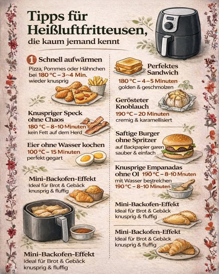 Tipps für Heißluftfritteusen, die kaum jemand kennt! 

Wusstest du, dass deine Heißluftfritteuse viel mehr kann als nur Pommes? 
Diese einfachen Tricks sparen Zeit, Öl und Chaos in der Küche  und das Ergebnis ist einfach perfekt 

 Das solltest du unbedingt ausprobieren:

 Reste wie frisch gemacht
Pizza, Pommes oder Hähnchen werden bei 180 C für 34 Minuten wieder herrlich knusprig  viel besser als in der Mikrowelle!

肋 Knuspriger Speck ohne Sauerei
Speck bei 180 C für 810 Minuten garen.
Kein Fettspritzen, kein schmutziger Herd 

讀 Eier ohne Wasser kochen
Einfach in den Korb legen: 100 C  15 Minuten
Perfekt gegart, ganz ohne Topf!

索 Perfektes Sandwich
Goldbraun & geschmolzen bei 180 C  45 Minuten
Schnell, gleichmäßig, einfach lecker 

龍 Gerösteter Knoblauch in Minuten
In Alufolie wickeln  190 C  20 Minuten
Cremig & karamellisiert  perfekt für Brot & Saucen

 Saftige Burger ohne Spritzer
Auf Backpapier garen  sauber, einfach und voller Geschmack

寧 Knusprige Empanadas ohne Öl
Mit Wasser bestreichen statt Öl
190 C  810 Minuten  goldbraun & leicht

縷 Mini-Backofen-Effekt
Ideal für Brot & Gebäck
Außen knusprig, innen fluffig