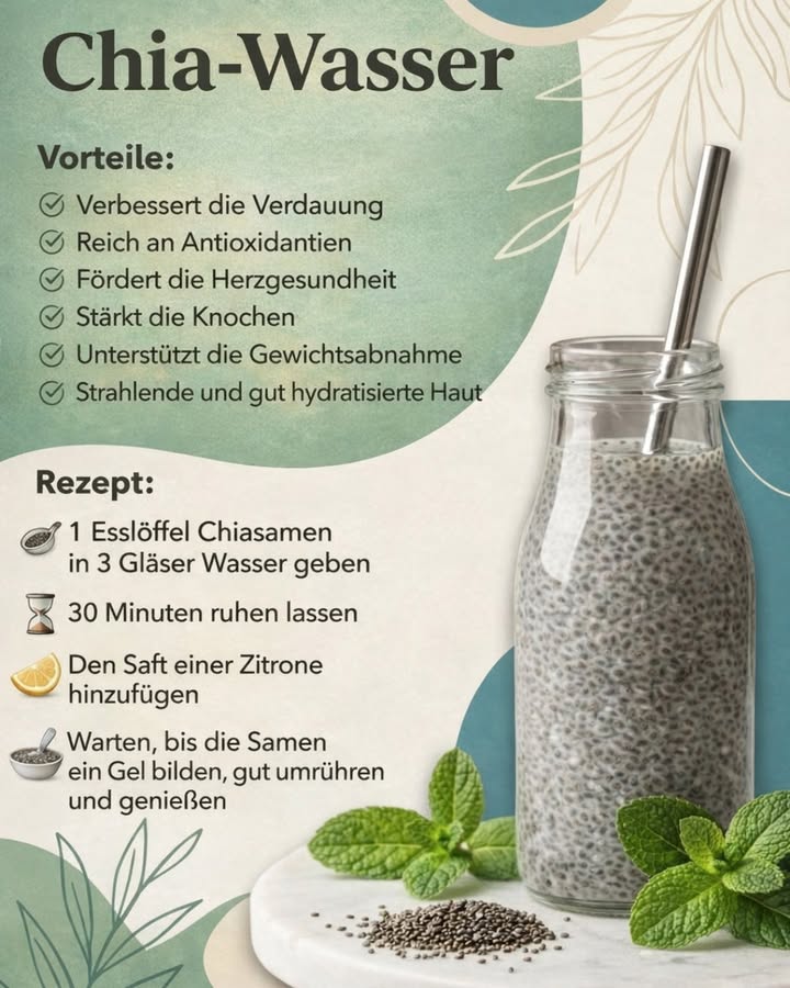 Chia-Wasser  ein simples Ritual für jeden Tag

Klein, aber unglaublich wirkungsvoll 
Chia-Wasser ist ein natürlicher Drink, der deinem Körper jeden Morgen guttut.

 Unterstützt die Verdauung
 Reich an Antioxidantien
 Gut für Herz & Knochen
 Hilft bei der Gewichtskontrolle
 Sorgt für eine gut hydratisierte, strahlende Haut

磻 So einfach gehts:
1 1 Esslöffel Chiasamen in 3 Gläser Wasser geben
2 30 Minuten ziehen lassen
3 Saft einer Zitrone hinzufügen
4 Umrühren, genießen und dem Körper etwas Gutes tun