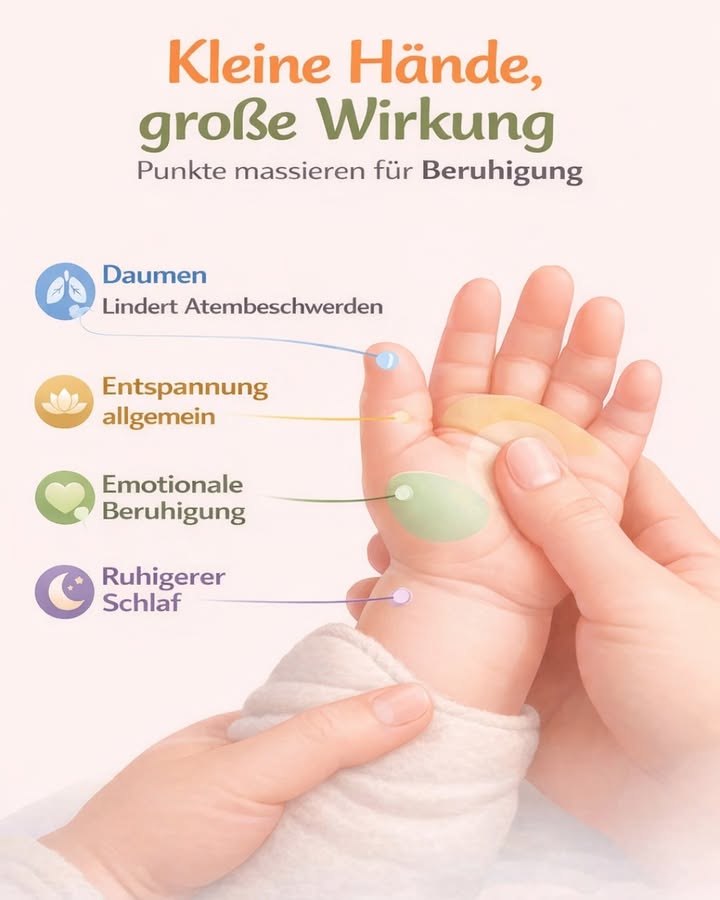 Kleine Hände, große Wirkung 
Wusstest du, dass sanfte Berührungen an der Hand deines Babys eine beruhigende Wirkung auf den ganzen Körper haben können? 懶

Mit ein paar achtsamen Massagegriffen kannst du deinem Kind helfen, sich zu entspannen, besser zu schlafen und emotional zur Ruhe zu kommen. Und das Beste: Es stärkt gleichzeitig eure Bindung.

 Diese Punkte kannst du sanft massieren:

 Daumen  Lindert Atembeschwerden
Eine sanfte Massage am Daumen kann helfen, Spannungen im Atembereich zu lösen. Besonders hilfreich, wenn dein Baby unruhig wirkt oder leichte Erkältungsanzeichen hat. Mit kleinen, kreisenden Bewegungen und ganz leichtem Druck arbeiten.

 Mitte der Handfläche  Allgemeine Entspannung
Dieser Bereich unterstützt die körperliche Gesamtentspannung. Ideal vor dem Mittagsschlaf oder nach einem aufregenden Tag. Ruhige, gleichmäßige Bewegungen wirken hier besonders beruhigend.

 Unterer Bereich der Handfläche  Emotionale Beruhigung
Wenn dein Baby viel weint oder überreizt ist, kann dieser Punkt helfen, innere Unruhe zu reduzieren. Sprich dabei leise mit deinem Kind oder summe eine vertraute Melodie.

 Handgelenk  Ruhigerer Schlaf
Eine sanfte Stimulation am Übergang zum Handgelenk kann das Einschlafen erleichtern und für einen ruhigeren Schlaf sorgen. Perfekt als Teil eures Abendrituals.

 So massierst du richtig:
 Wähle einen ruhigen Moment
 Wärm deine Hände vor
 Optional ein paar Tropfen babygeeignetes Öl verwenden
 35 Minuten pro Hand reichen aus
 Immer auf die Reaktion deines Babys achten

Diese kleinen Momente voller Nähe schenken deinem Kind Sicherheit, Geborgenheit und Vertrauen. 懶