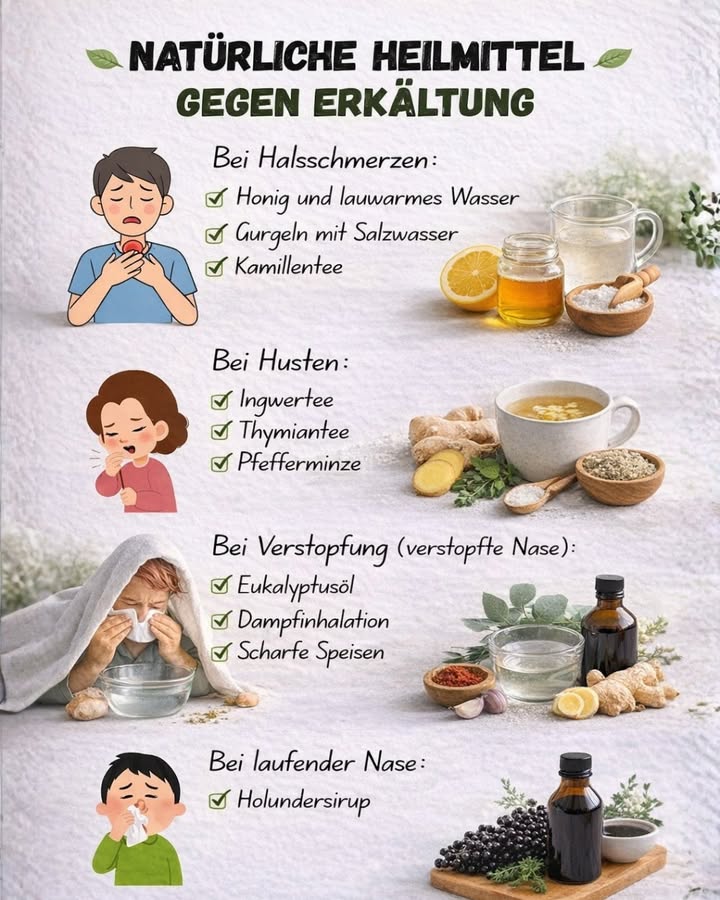 蠟 Natürliche Heilmittel gegen Erkältung  Sanfte Hilfe aus der Natur

Wenn die Erkältung zuschlägt, muss man nicht sofort zu Medikamenten greifen. Viele bewährte Hausmittel können die Symptome lindern und den Heilungsprozess unterstützen  ganz natürlich 

 Was hilft bei welchen Beschwerden?

 Bei Halsschmerzen:
 Honig und lauwarmes Wasser  beruhigt den Hals und wirkt wohltuend
 Gurgeln mit Salzwasser  hilft gegen Entzündungen
 Kamillentee  wirkt beruhigend und entzündungshemmend

 Bei Husten:
 Ingwertee  wärmt und lindert Reizungen
 Thymiantee  unterstützt die Atemwege
 Pfefferminze  wirkt erfrischend und beruhigend

 Bei verstopfter Nase:
 Eukalyptusöl  befreit die Atemwege
 Dampfinhalation  löst Schleim und erleichtert das Atmen
 Scharfe Speisen  öffnen die Nasennebenhöhlen 

 Bei laufender Nase:
 Holundersirup  traditionelles Hausmittel zur Unterstützung des Immunsystems