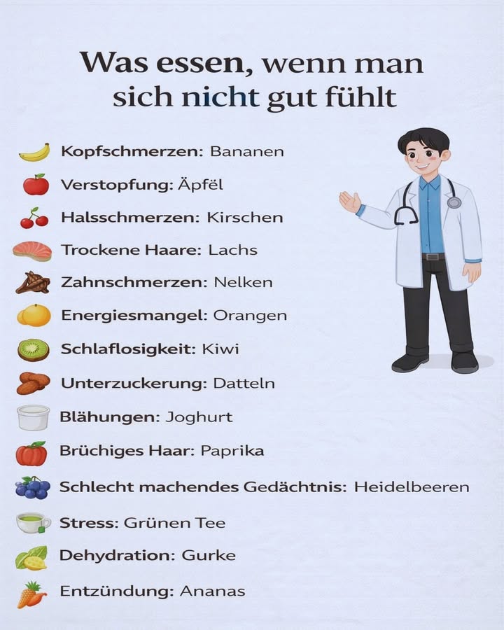 綾 Was essen, wenn man sich nicht gut fühlt?

Unser Körper zeigt oft genau, was ihm fehlt  manchmal hilft schon das richtige Lebensmittel 

 Natürliche Unterstützung im Alltag:

 Kopfschmerzen: Bananen
 Verstopfung: Äpfel
 Halsschmerzen: Kirschen
 Trockene Haare: Lachs
 Zahnschmerzen: Nelken
 Energiemangel: Orangen
諾 Schlaflosigkeit: Kiwi
 Unterzuckerung: Datteln
北 Blähungen: Joghurt
𣏕 Brüchiges Haar: Paprika
𢡄 Schwaches Gedächtnis: Heidelbeeren
 Stress: Grüner Tee
勒 Dehydrierung: Gurke
 Entzündungen: Ananas

 Kleine Ernährungsanpassungen können einen großen Unterschied machen.