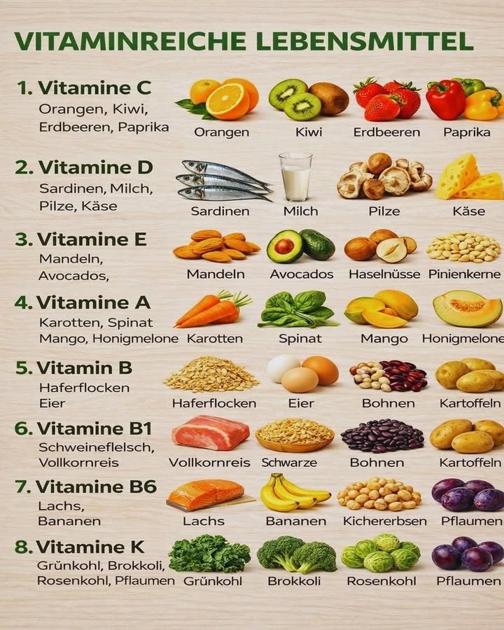 復 Vitaminreiche Lebensmittel  das gehört auf deinen Teller! 

Wusstest du, dass unsere Energie, unser Immunsystem und sogar unsere Haut stark von den Vitaminen abhängen, die wir täglich zu uns nehmen? Hier findest du eine einfache Übersicht über die wichtigsten Vitamine und die Lebensmittel, die besonders reich daran sind 

 Vitamin C

 Stärkt das Immunsystem, hilft gegen Müdigkeit und schützt die Zellen.
Enthalten in:
 Orangen  諾 Kiwi   Erdbeeren   Paprika

 Vitamin D

 Wichtig für starke Knochen, Zähne und ein gesundes Immunsystem.
Enthalten in:
 Sardinen  拏 Milch   Pilze  燎 Käse

 Vitamin E

 Starkes Antioxidans, schützt Haut und Herz.
Enthalten in:
 Mandeln  陋 Avocados   Haselnüsse   Pinienkerne

 Vitamin A

 Unterstützt die Sehkraft, die Haut und die Abwehrkräfte.
Enthalten in:
凌 Karotten  塞 Spinat  省 Mango   Honigmelone

 Vitamin-B-Komplex

 Wichtig für Energie, Stoffwechsel und Gehirn.
Enthalten in:
 Haferflocken  讀 Eier  齃 Bohnen  凜 Kartoffeln

 Vitamin B1

 Unterstützt das Nervensystem und die Energiegewinnung.
Enthalten in:
 Schweinefleisch   Vollkornreis  齃 Schwarze Bohnen  凜 Kartoffeln

 Vitamin B6

 Hilft bei der Blutbildung und reduziert Müdigkeit.
Enthalten in:
 Lachs   Bananen  阮 Kichererbsen   Pflaumen

 Vitamin K

 Wichtig für die Blutgerinnung und gesunde Knochen.
Enthalten in:
塞 Grünkohl  復 Brokkoli  塞 Rosenkohl   Pflaumen

 Gesundheits-Tipp:
Je bunter dein Teller, desto besser die Vitaminversorgung